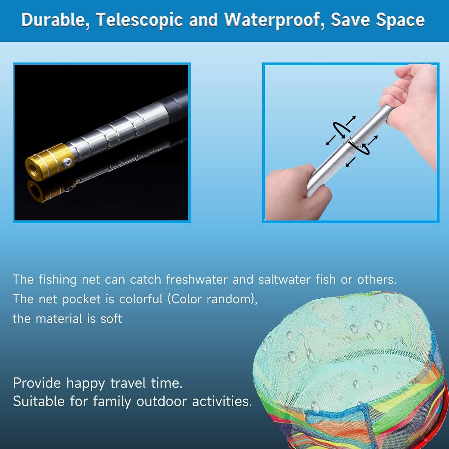 2PCS Fishing Net with Bucket, Telescopic Fishing Landing Net, Collapsible Kids Sand Bucket, Kids Fish Butterfly Catching for Freshwater Saltwater Outdoor Activities