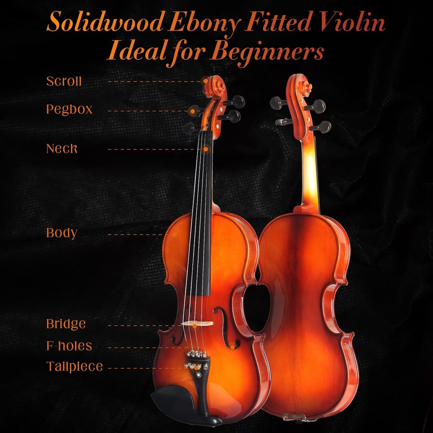 1/2 Violin For Beginners, CVN-300 Solidwood Ebony Fitted Violin with Strings, Beginner Starter Violins Kit For Student w/Hard Case, Rosin, Bow, Stringed Musical Instruments