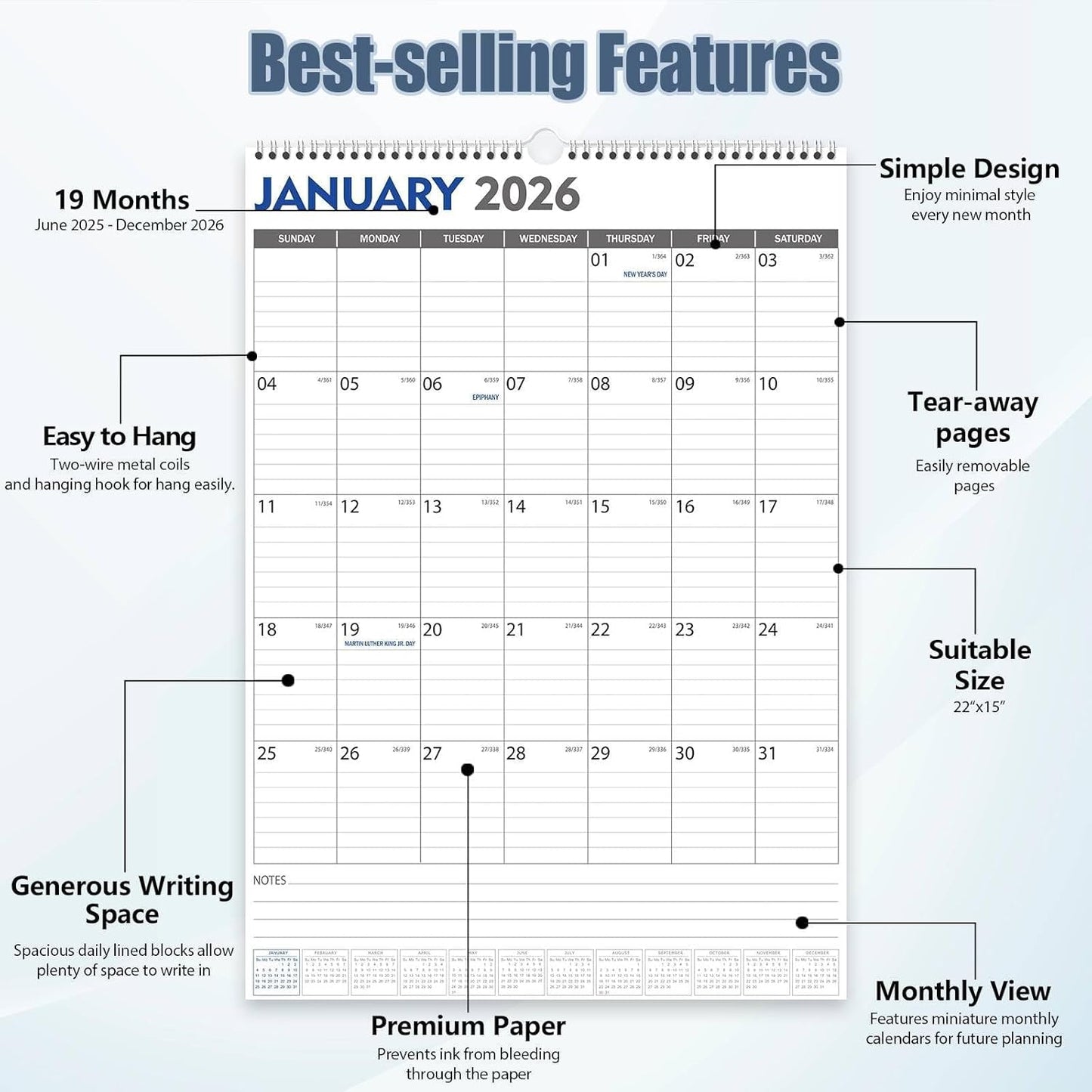 GuassLee Large Wall Calendar 2025-2026, 22"x15" Vertical Wall Calendar 2025, Jun. 2025 to Dec. 2026, 19-Month Paper Hanging Planner Wall with Julian Date for Office Home Planning & Organizing