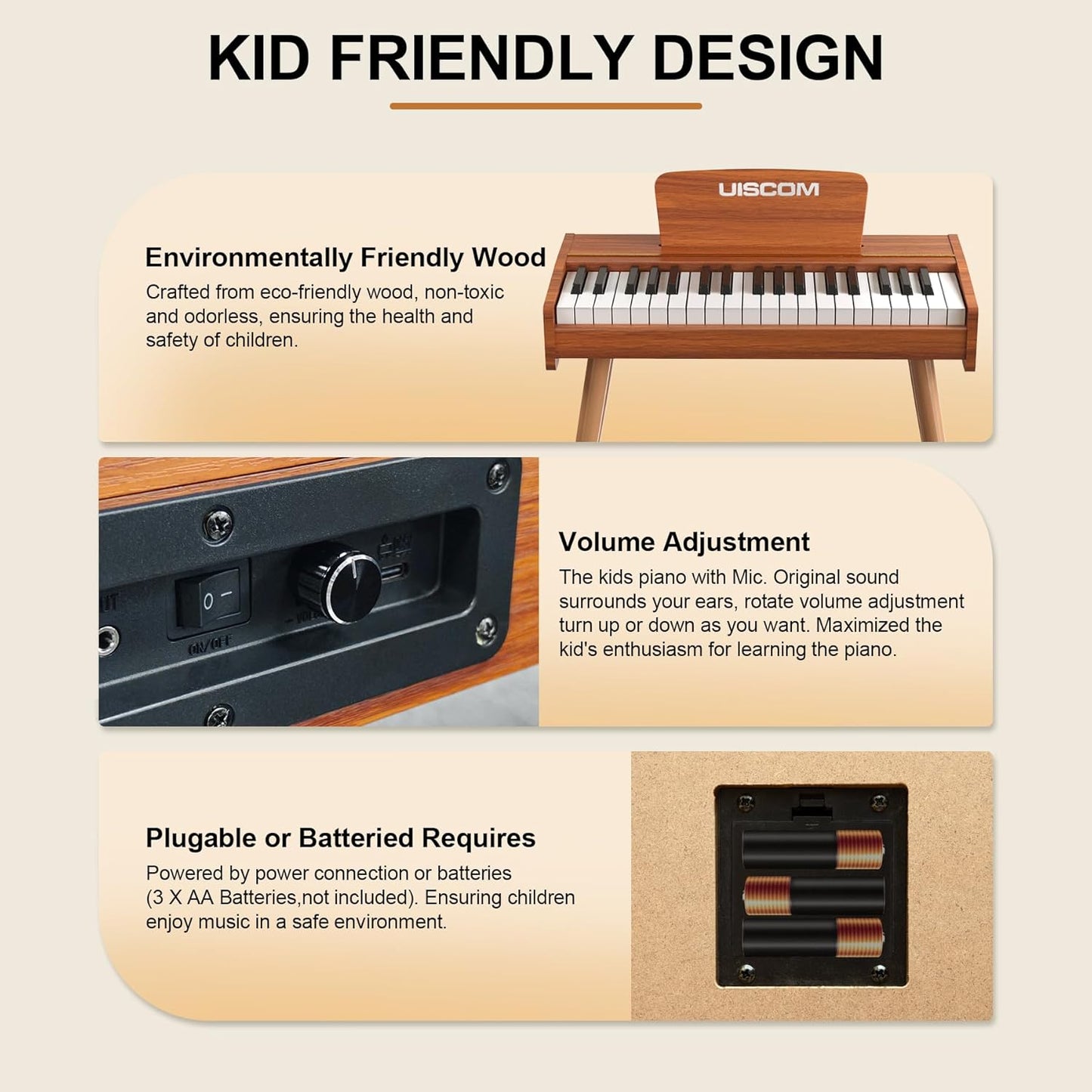 Kids Keyboard Piano, 37 Keys Digital Piano, Toddler Musical Instruments, Wooden Kids Piano with Bench, Toddler Piano for 3+ Girls and Boys, Brown