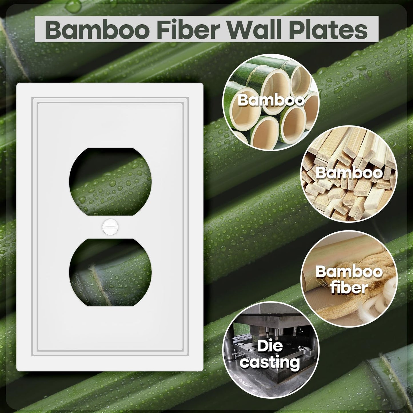 White Decorative Outlet Cover Wall Plates, Classic Switch Plates and Outlet Covers, Natural Bamboo Fiber Wall Plates for Electrical Outlets, Duplex Receptacle Cover - 4 Pack