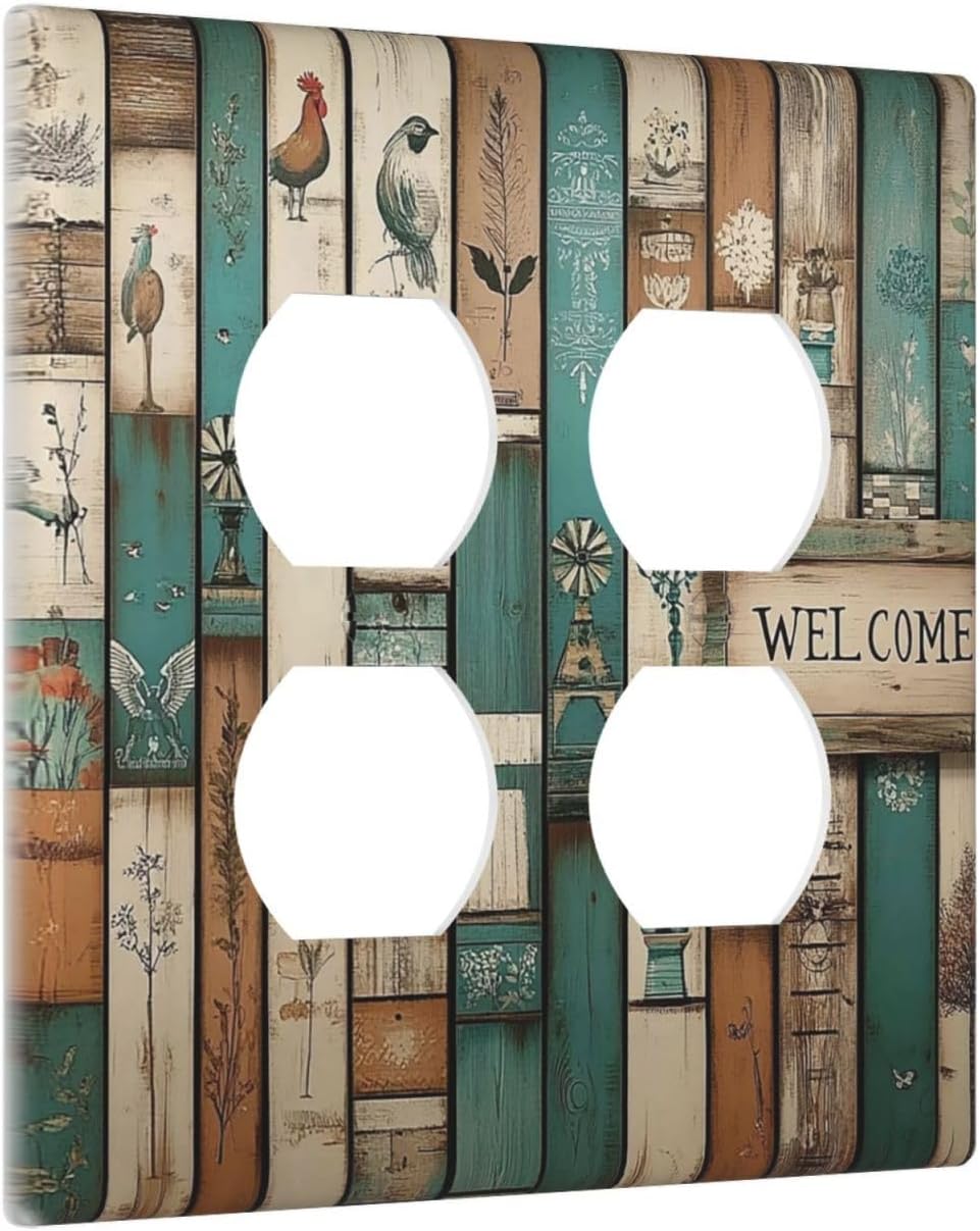 Outlet Covers Vintage Wood Brown Turquoise Splicing 2 Gang Double Duplex Decorative Light Switch Covers Electrical Wallplates Socket Faceplate For Farmhouse Cabin Decor