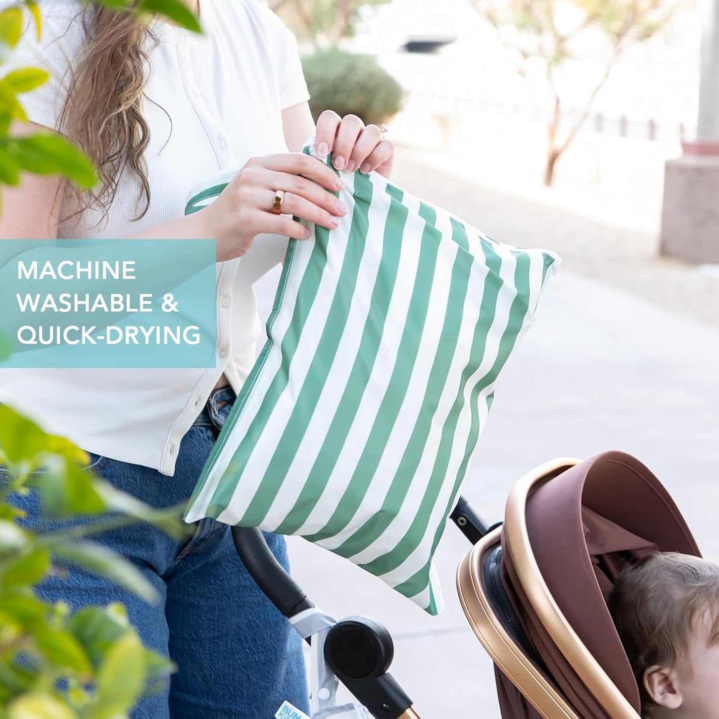 Bumkins - Waterproof Wet Bag - For Baby, Travel, Swim Suit, Cloth Diapers, Pump Parts, Pool, Gym, Toiletry, Strap to Stroller - Reusable & Easy to Clean - 2pk - Gray & Green Stripe