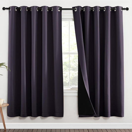 NICETOWN 100% Blackout Window Curtain Panels, Greyish Purple, 2 Pieces, 70-inch Wide Per Panel, Full Light Blocking Drapes with Black Liner for Nursery, 72-inch Drop Thermal Insulated Draperies