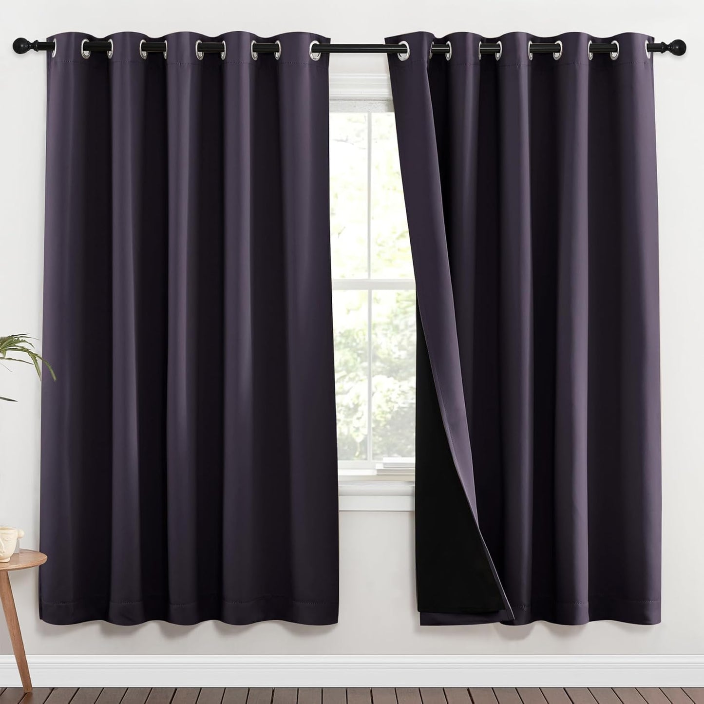 NICETOWN 100% Blackout Window Curtain Panels, Greyish Purple, 2 Pieces, 62-inch Wide Per Panel, Full Light Blocking Drapes with Black Liner for Nursery, 72-inch Drop Thermal Insulated Draperies
