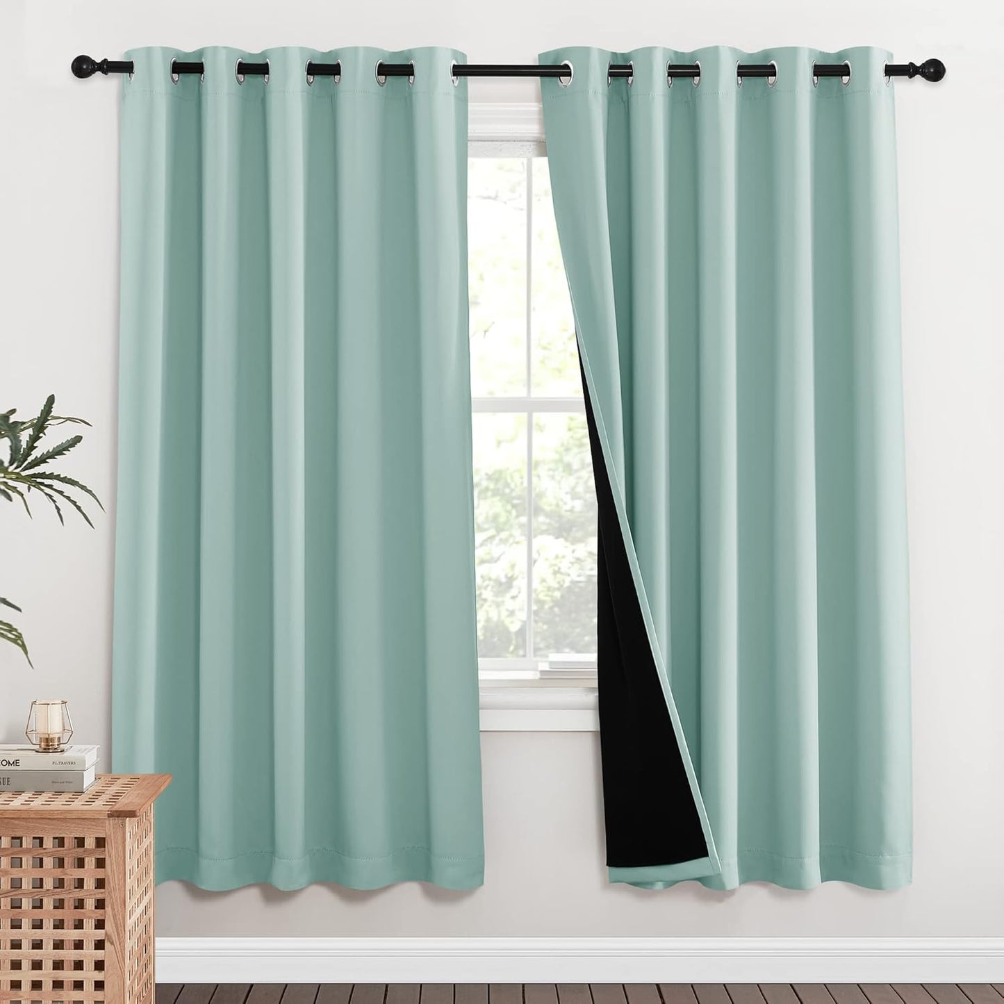 NICETOWN 100% Blackout Window Curtain Panels, Full Light Blocking Drapes with Black Liner for Nursery, 72-inch Drop Thermal Insulated Draperies (Aqua Blue, 2 Pieces, 62-inch Wide Per Panel)