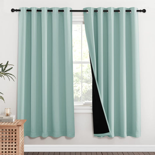 NICETOWN 100% Blackout Window Curtain Panels, Full Light Blocking Drapes with Black Liner for Nursery, 72-inch Drop Thermal Insulated Draperies (Aqua Blue, 2 Pieces, 62-inch Wide Per Panel)