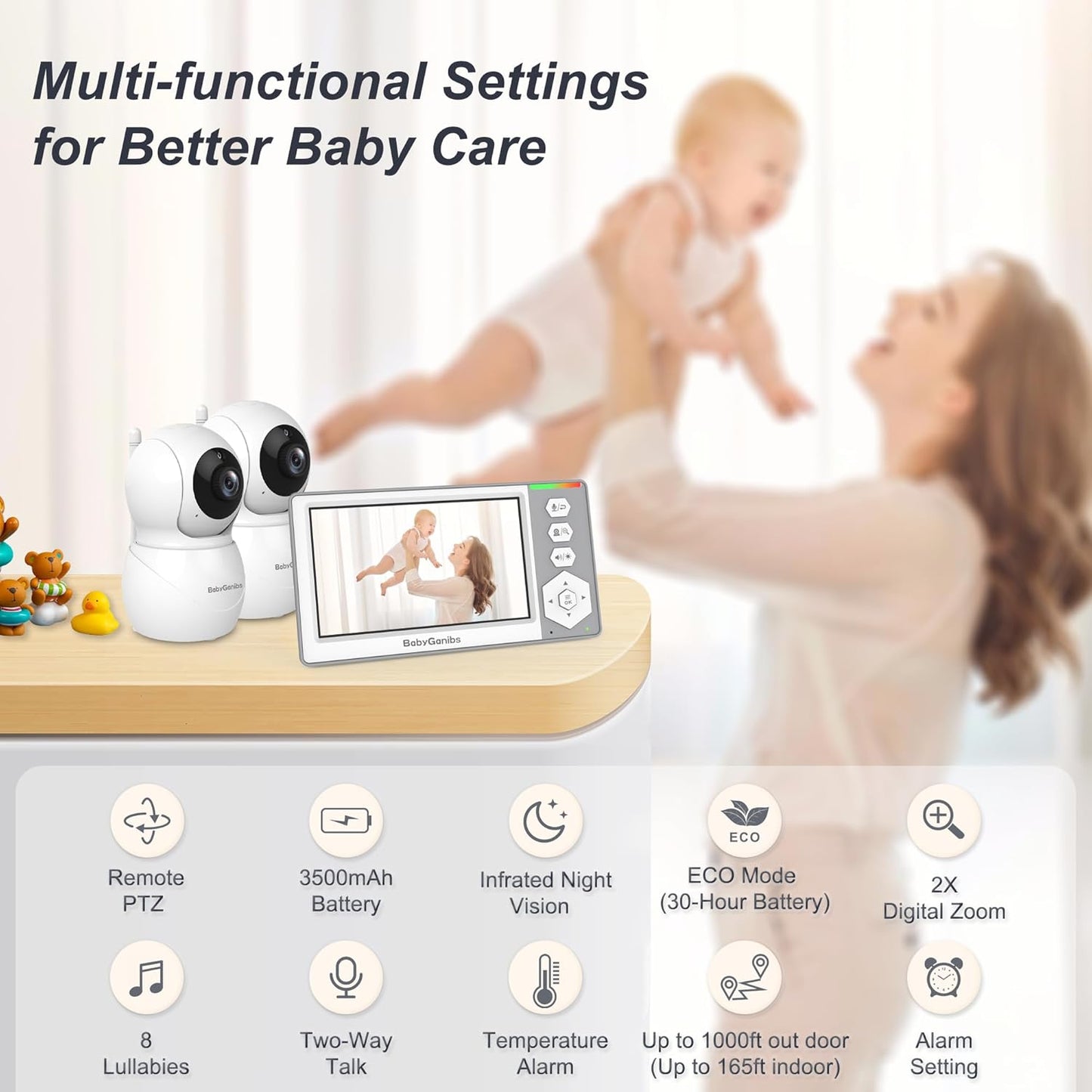Baby Monitor with 2 Cameras Standby for 26-Hour Battery, Remote Control 4.3'' IPS Video Baby Monitor No WiFi Up to 1000ft Range, ECO, Night Vision, Temperature, 2-Way Talk, 8 Lullabies