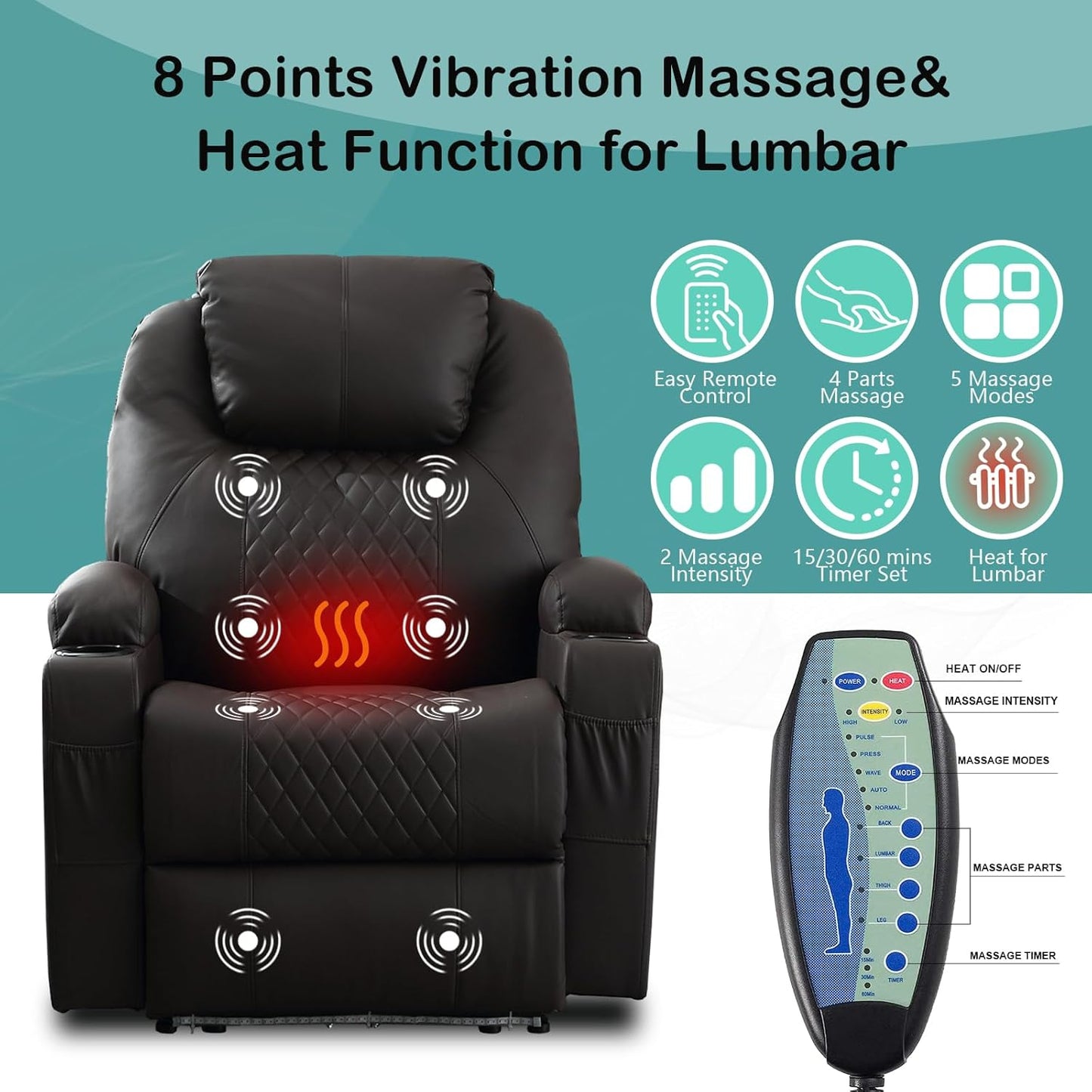 Power Recliner Chair with Heat and Massage for Adults - Home Theater Seating with LED Lights,Cup Holders,Side Pocket,USB Port - Recliner Sofa for Living Room(Brown, Set of 2)