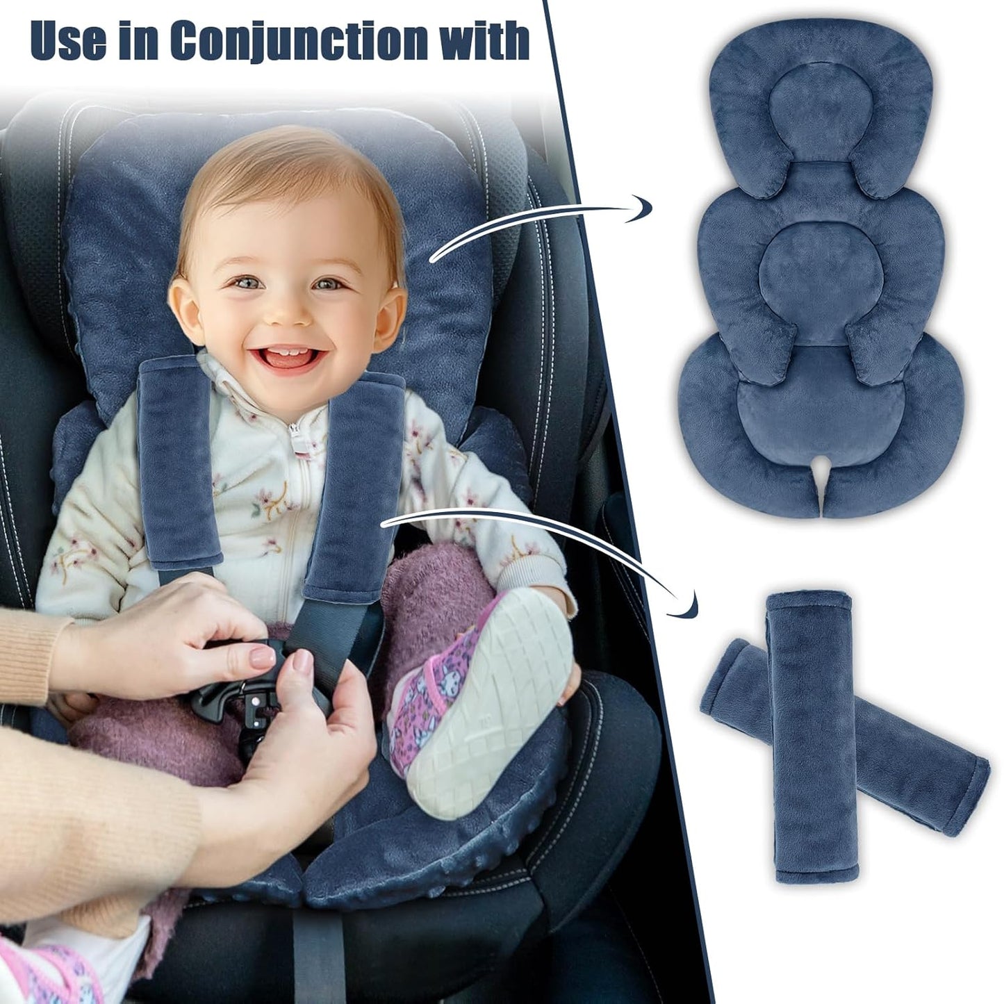 Infant Car Seat Insert Head and Body Support, GFU Reversible Newborn Insert for Carseat with Strap Pads, Soft Stroller Cushion Pillow Insert for Boys and Girls, Fits for Stroller, Swing, Blue