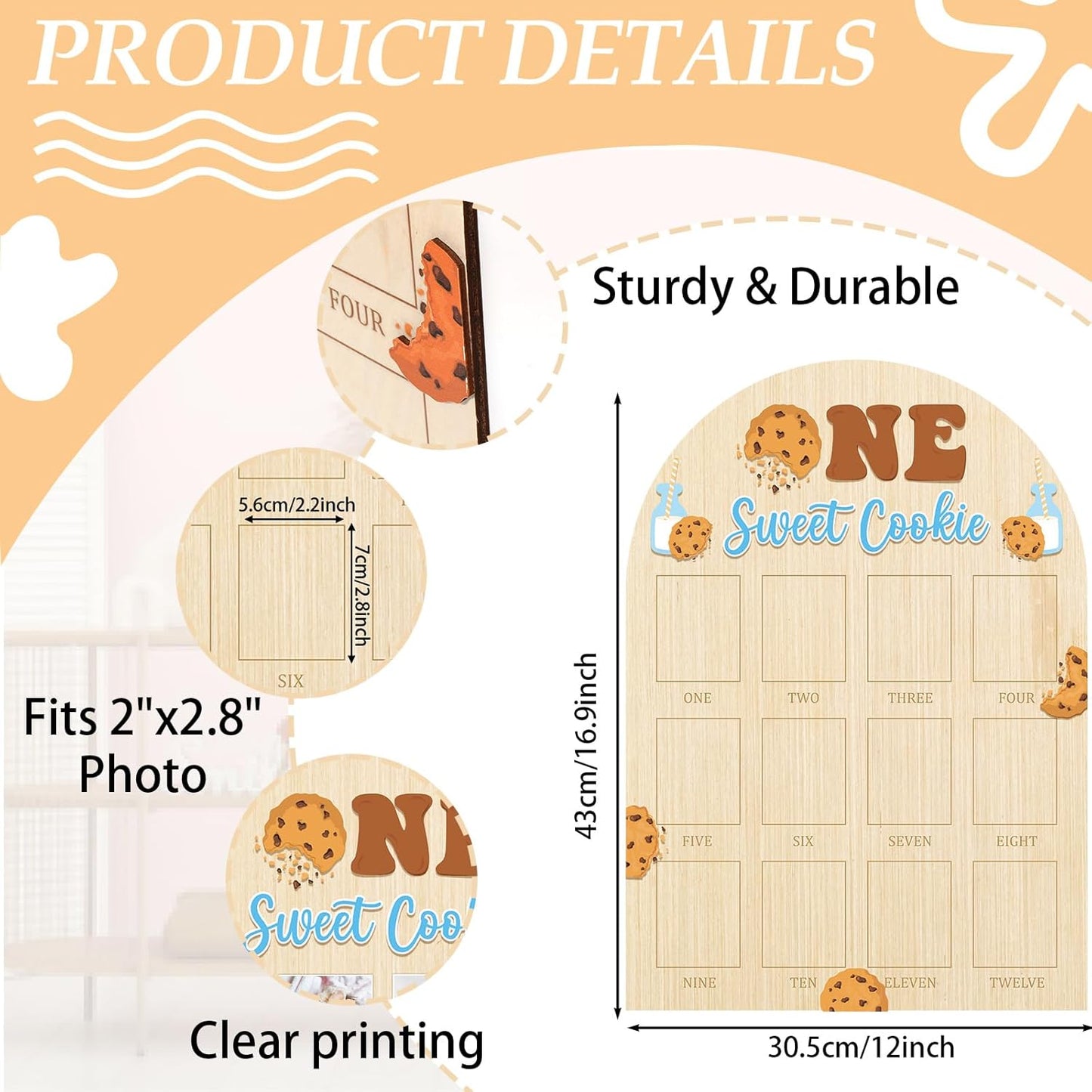 One Sweet Cookie Photo Board Milk and Cookies Birthday Party Wooden Board Decorations 12 Monthly Milestone Picture Frame One Year Old Wood Sign 1st Birthday Photo Banner for Baby Keepsake Gift Supply