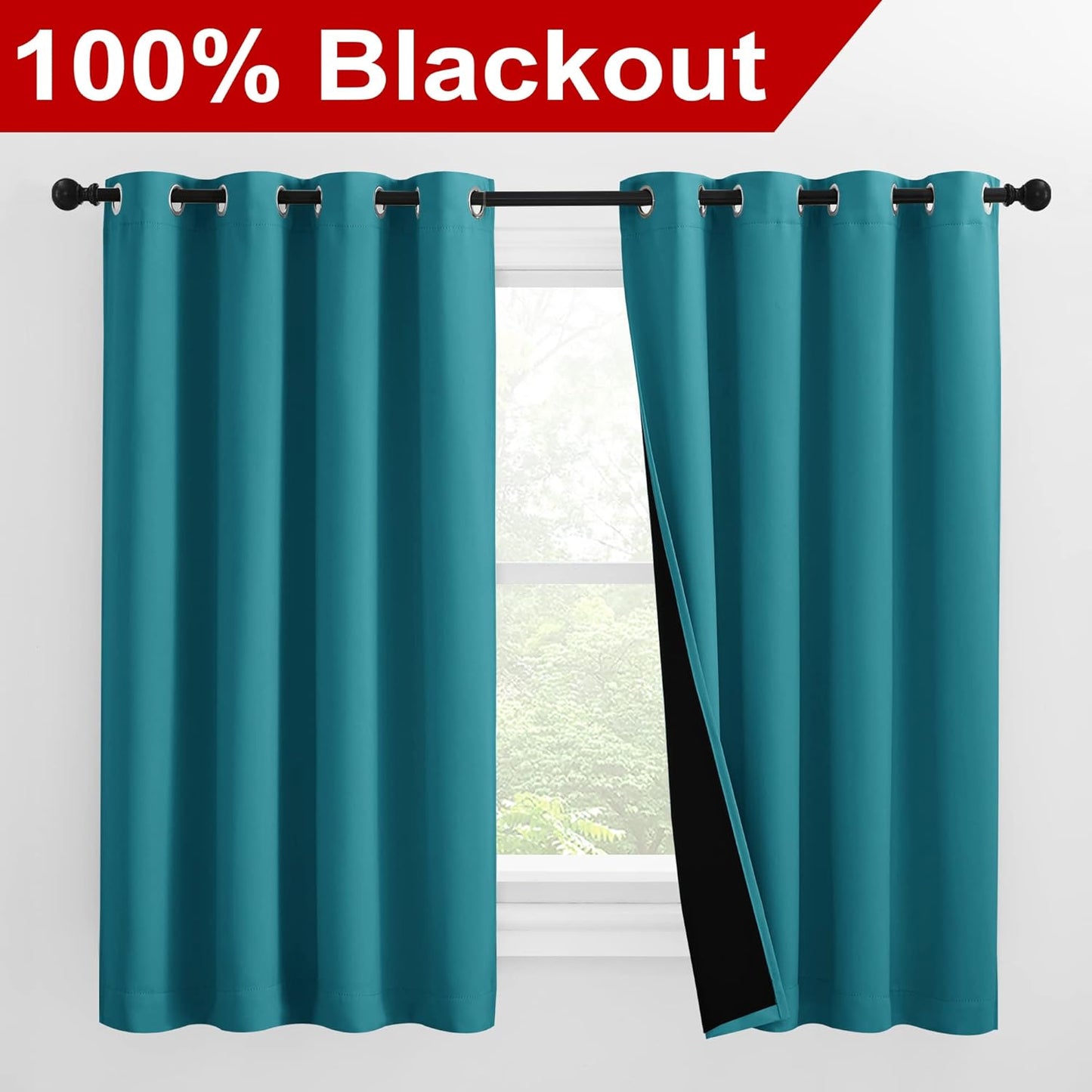 NICETOWN 100% Blackout Curtains 57 inches Long, Double-Deck Completely Blackout Window Treatment Thermal Insulated Lined Drapes for Small Window (Peacock Teal, 1 Pair, 55 inches Width Each Panel)