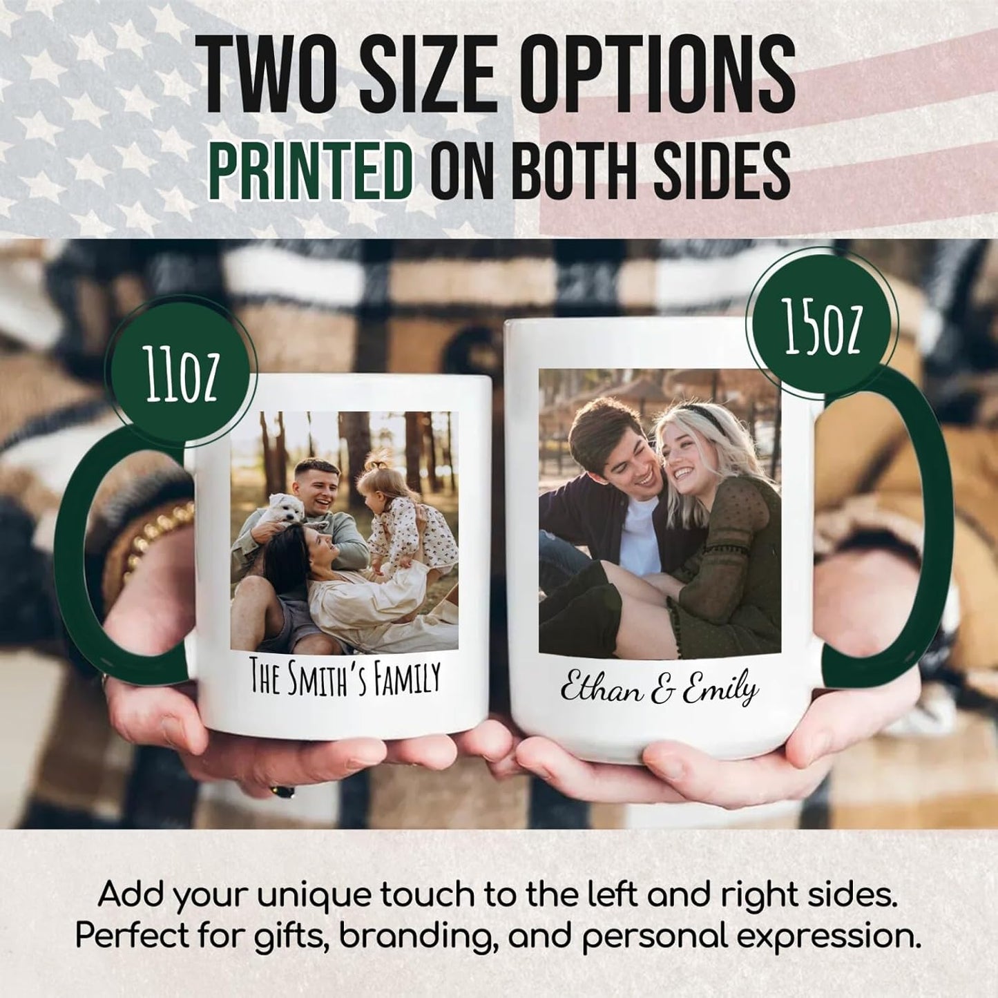 Ship Next Day Custom Mug Design Your Own Photo Text Personalized Picture Gifts for Women Men Customized Gifts Idea Personalized Coffee Mugs 15oz Dark Green Handle