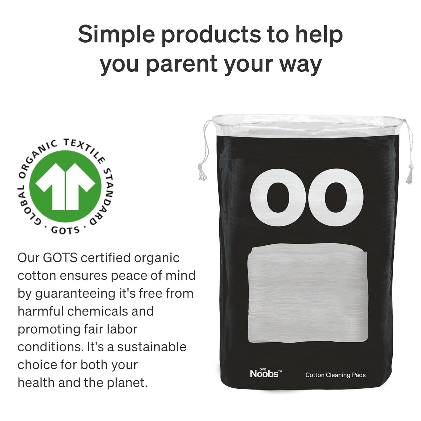 Baby Cotton Pads for Diaper Change by LoveNoobs, 60 Count, Ultra Soft 100% Organic Extra Large Cotton Pads for Baby Sensitive Skin, Lint-Free, Premium Jumbo Size, GOTS Certified