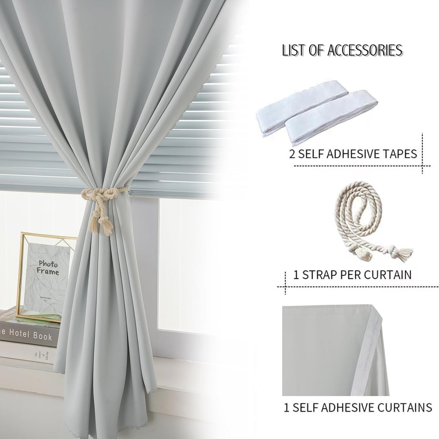 self Adhesive Curtains Portable Blackout Curtain Simple and Easy to Install Bedroom Window Thermal Lnsulated Kitchen Room Darkening Black Small Drapes, 47" W X 71" L, White, 1 Panel