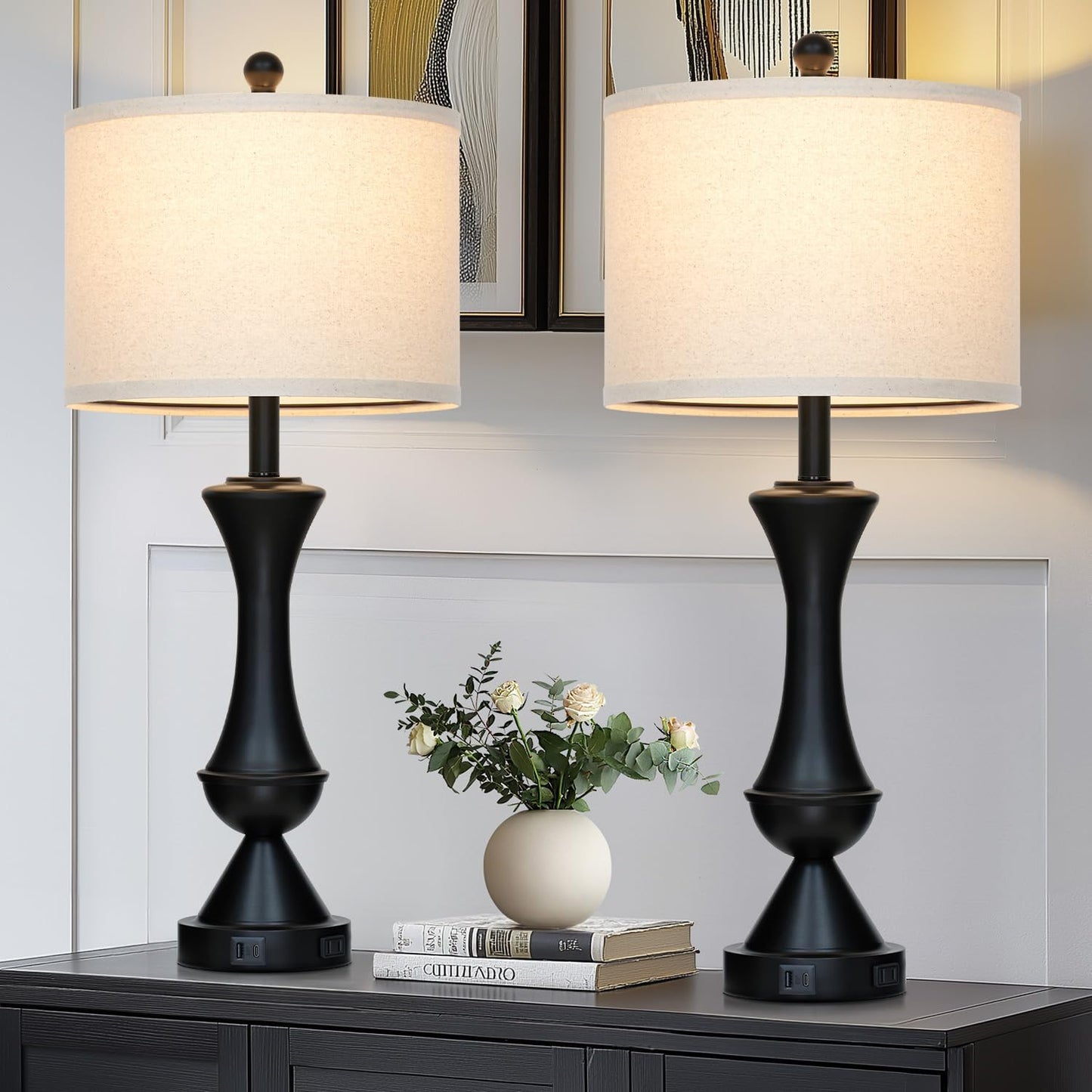 29" Black Tall Table Lamps for Living Room, Touch Control Bedroom Lamp with USB A+C Ports, 3-Way Dimmable Bedside Table Lamps Set of 2, Modern Metal Lamp for Nightstand