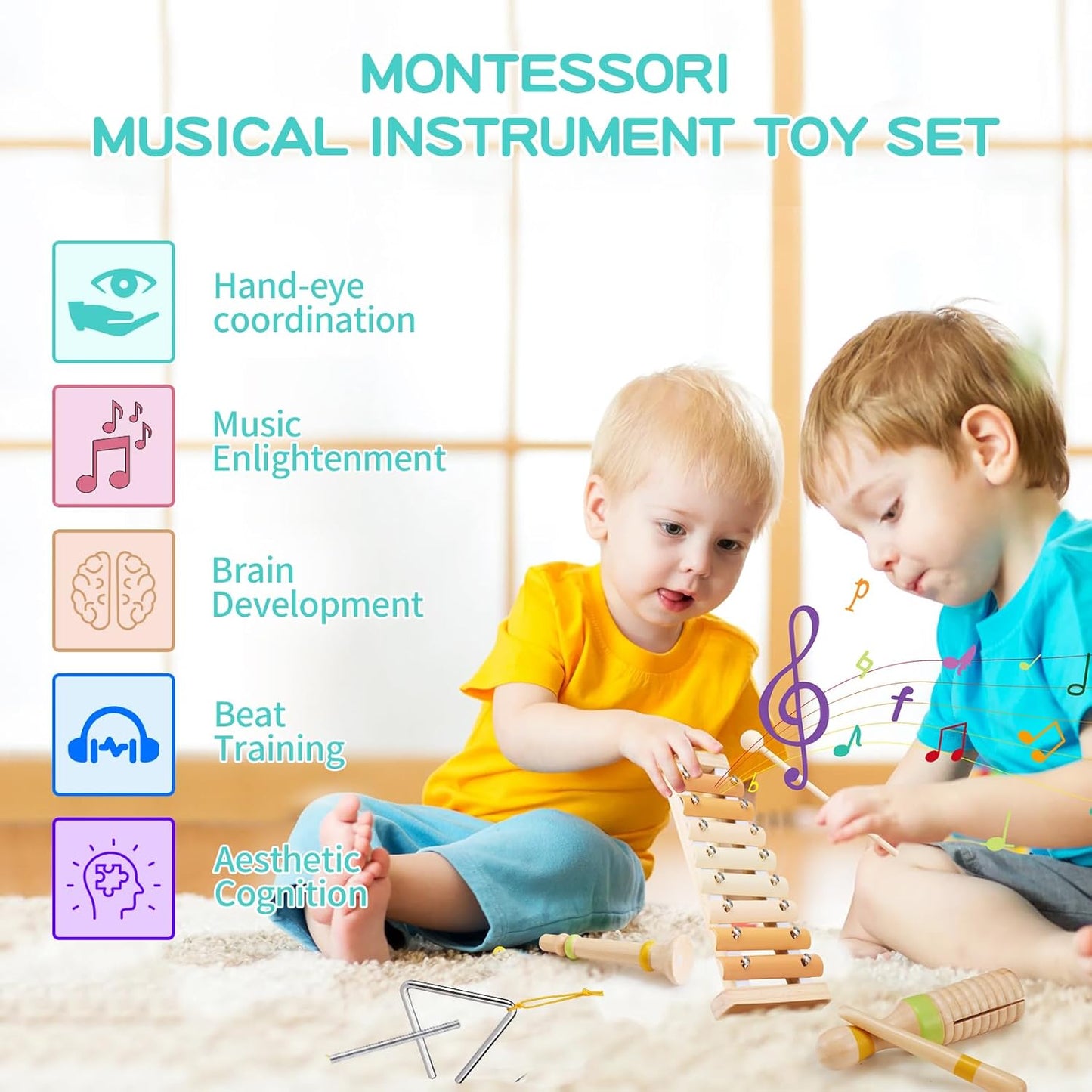 Baby Musical Instruments Set Montessori Wooden Toy for Toddlers 1 2 3 Percussion Music Xylophone for Kids Preschool Learning Resource Christmas Birthday Gifts for Boys Girls Aged 18 Months (Warm)