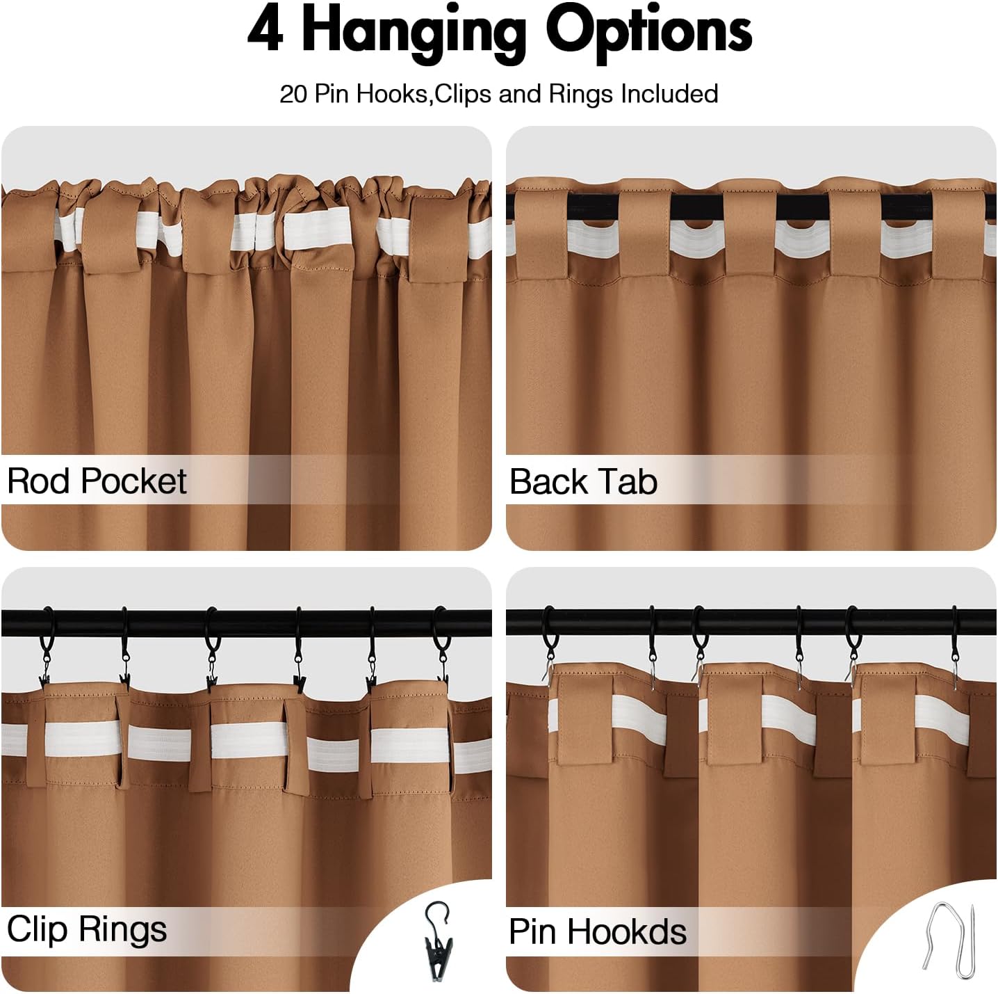 ANRODUO Back Tab Blackout Curtains for Bedroom Living Room, Rod Pocket Pinch Pleated Thermal Insulated Room Darkening Curtains 96 Inches Long 2 Panels, Brown, 42 x 96 Inch