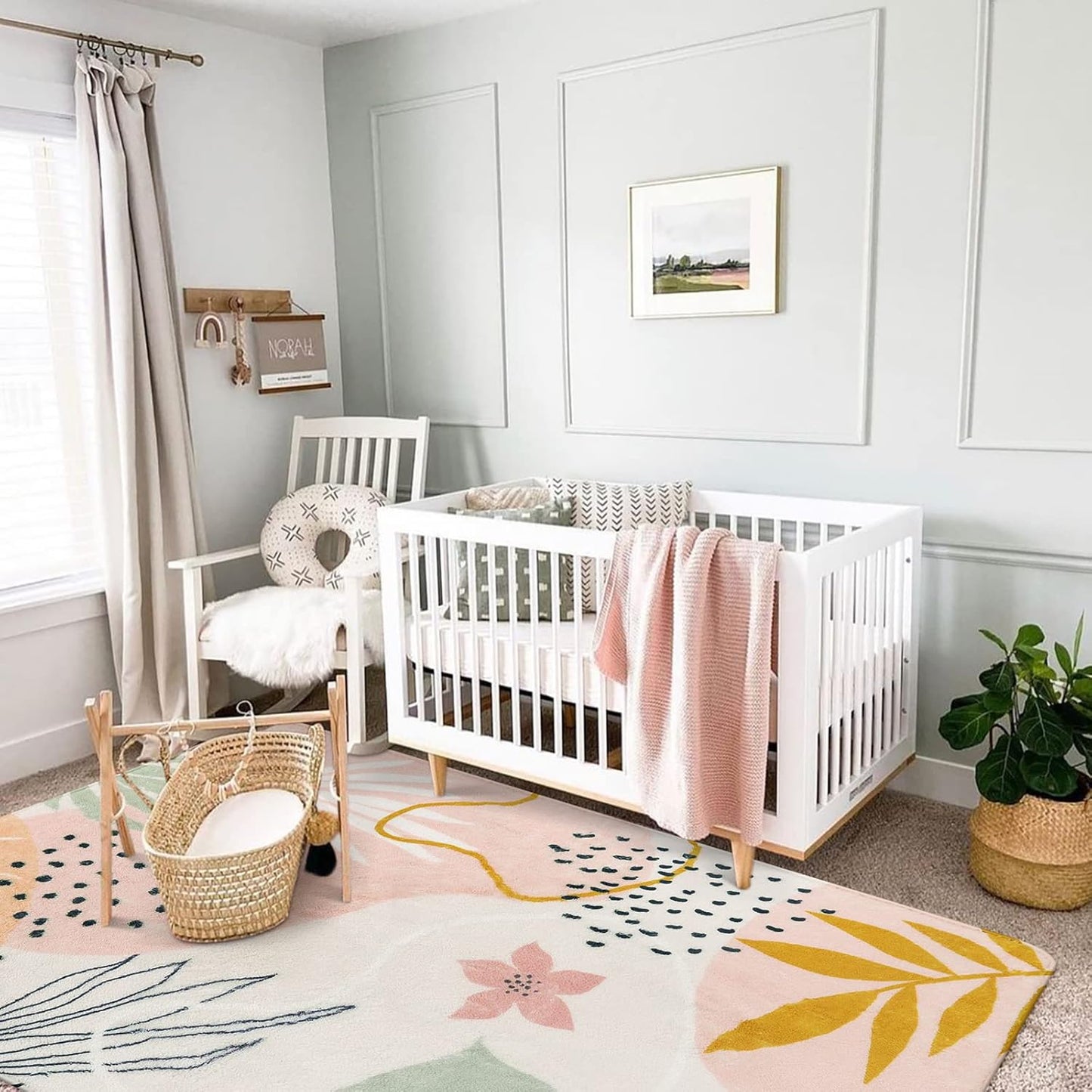 Lahome Pink Washable Living Room Area Rug - 3x5 Small Rugs for Bedroom Non-Slip Throw Soft Nursery Kids Room Low-Plie Boho Botanical Print Carpet for Kitchen Entryway Office Bath Laundry Dining Room