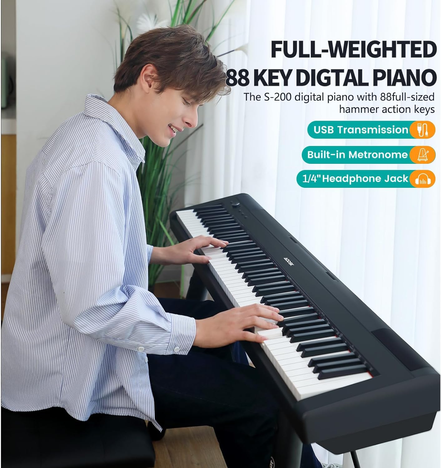 AODSK Weighted Piano 88-Key Beginner Digital Piano,Full Size Weighted keyboard with Hammer Action,with Sustain Pedal,15W Stereo Speakers,MP3 Function,Piano Lessons,Black,S-200