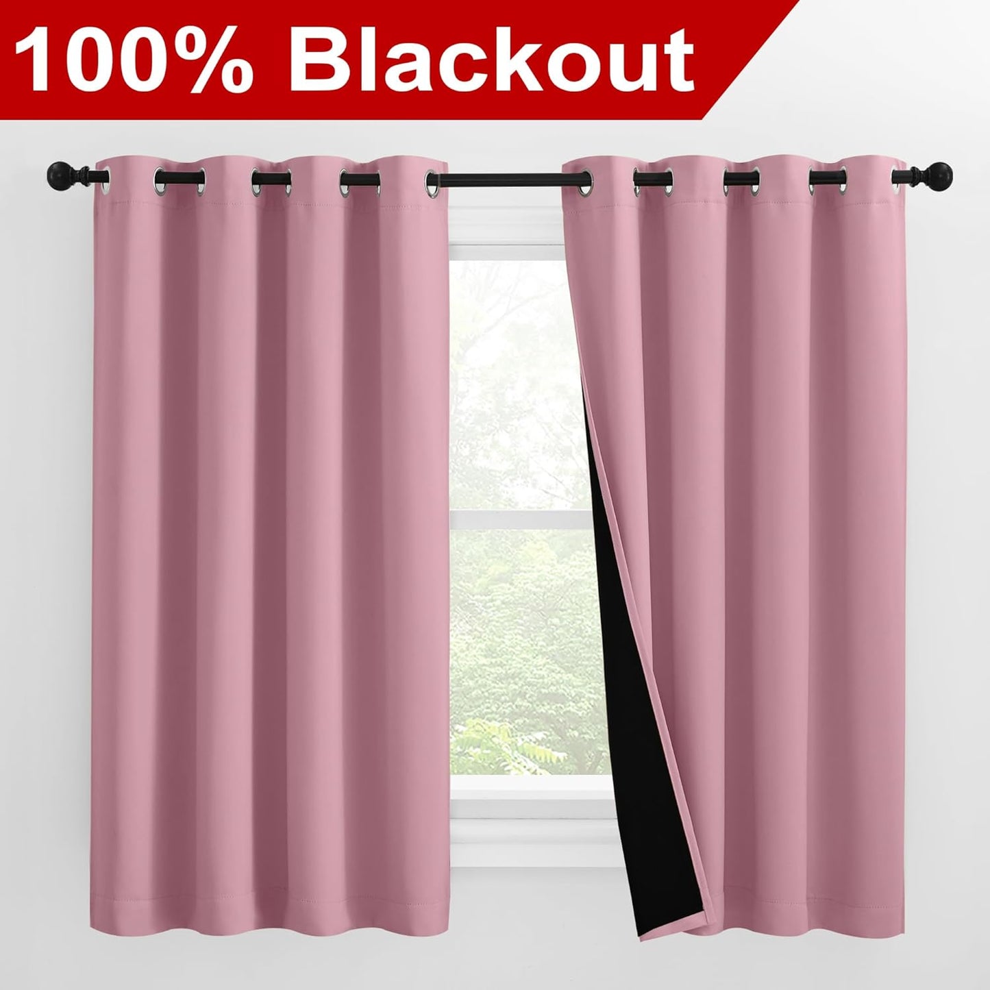 NICETOWN 100% Blackout Curtains with Black Liners, Thermal Insulated Full Blackout 2-Layer Lined Drapes, Noise Cancellation Window Draperies for Dining Room (Crystal Pink, 2 Panels, 55" W by 57" L)