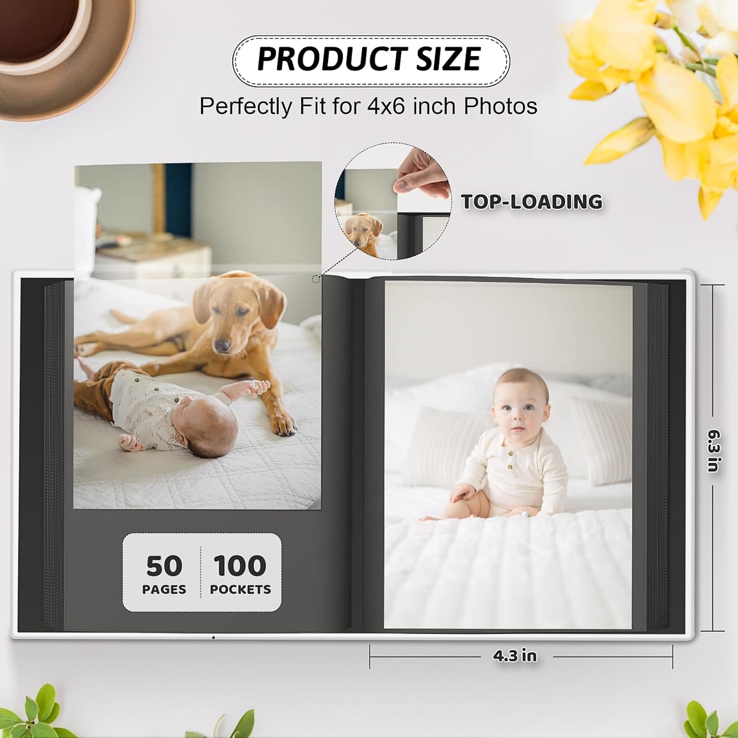 Popotop Photo Album 4x6 100 Pockets with Leather Hardcover Cover, Small Photo Album Holder Book with 50Pcs Pages for Family Travel Wedding Baby Gifts