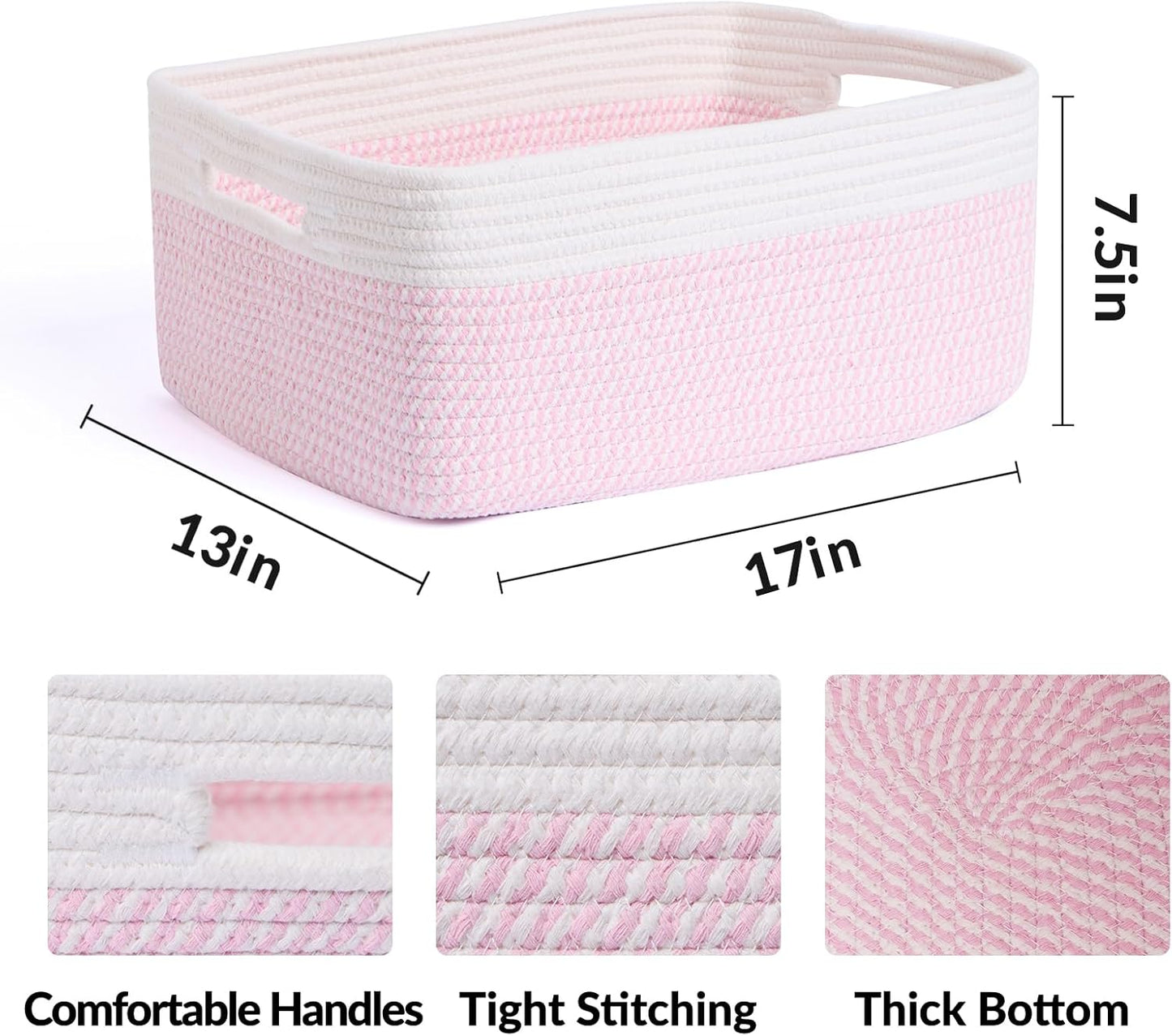 Large Storage Baskets for Shelves, Closet Organizers Bins for Clothes Blanket Towels, Baby Nursery, Toy Baskets Box, Woven Rope Baskets, 17 x 13 x 7.5”, 3 Packs Woven Pink