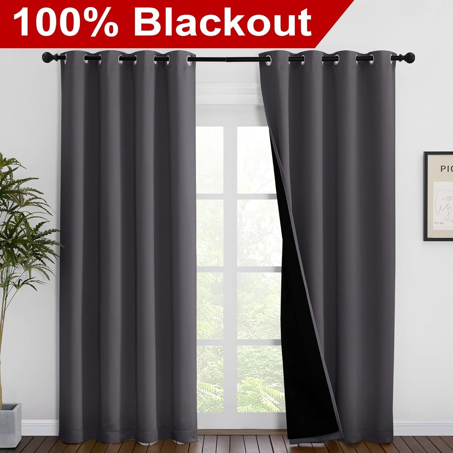 NICETOWN Grey Full Shade Curtain Panels, Pair of Energy Smart & Noise Blocking Out Blackout Drapes for Dining Room Window, Thermal Insulated Guest Room Lined Window Dressing(Gray, 55 x 86 inch)
