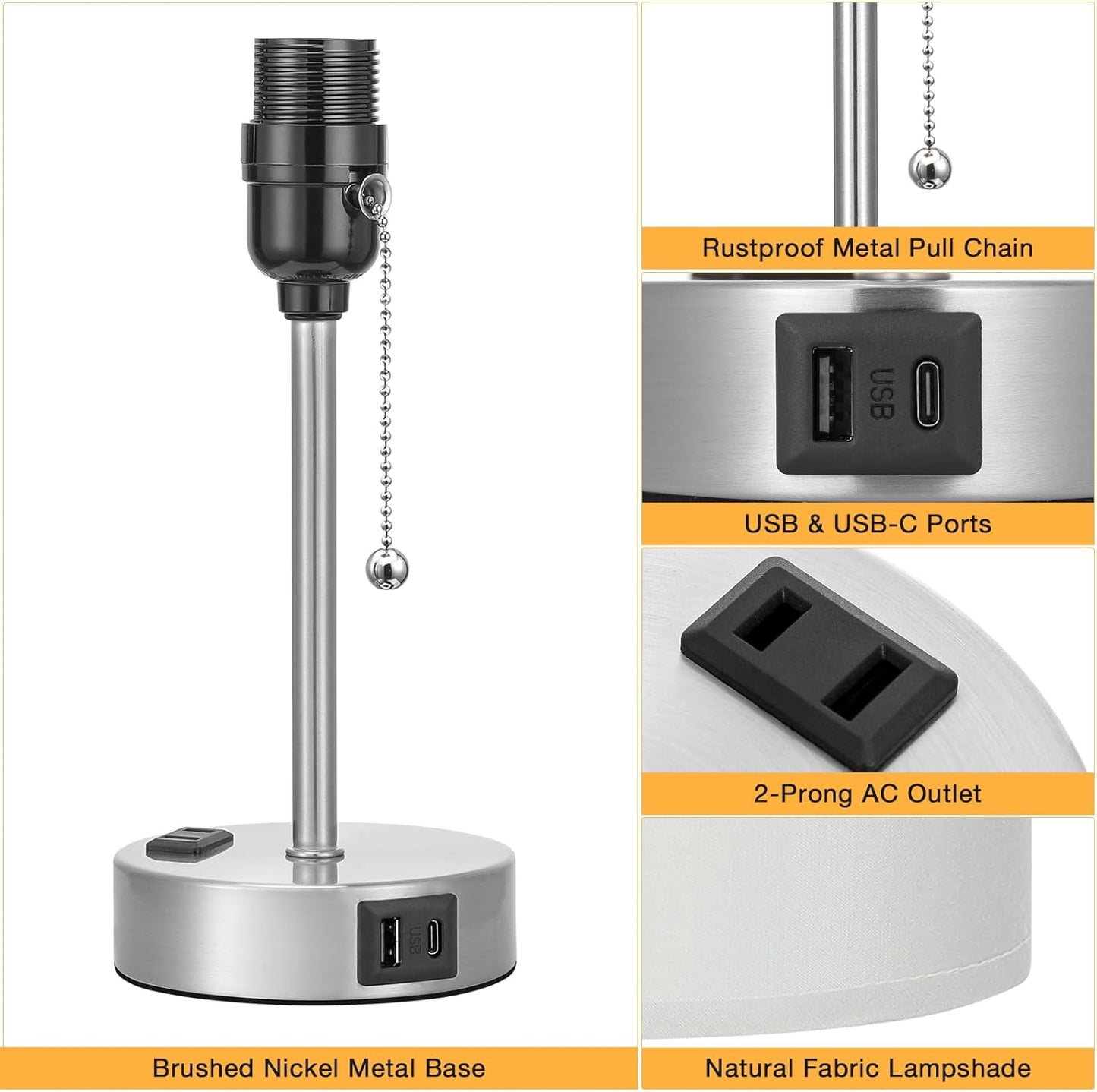 Grey Bedroom Lamp for Nightstand - 3 Color Temperature Table Lamp with USB C and A Ports, Pull Chain Bedside Lamp with AC Outlet, Desk Lamp with Silver Metal Base for Kids Girls