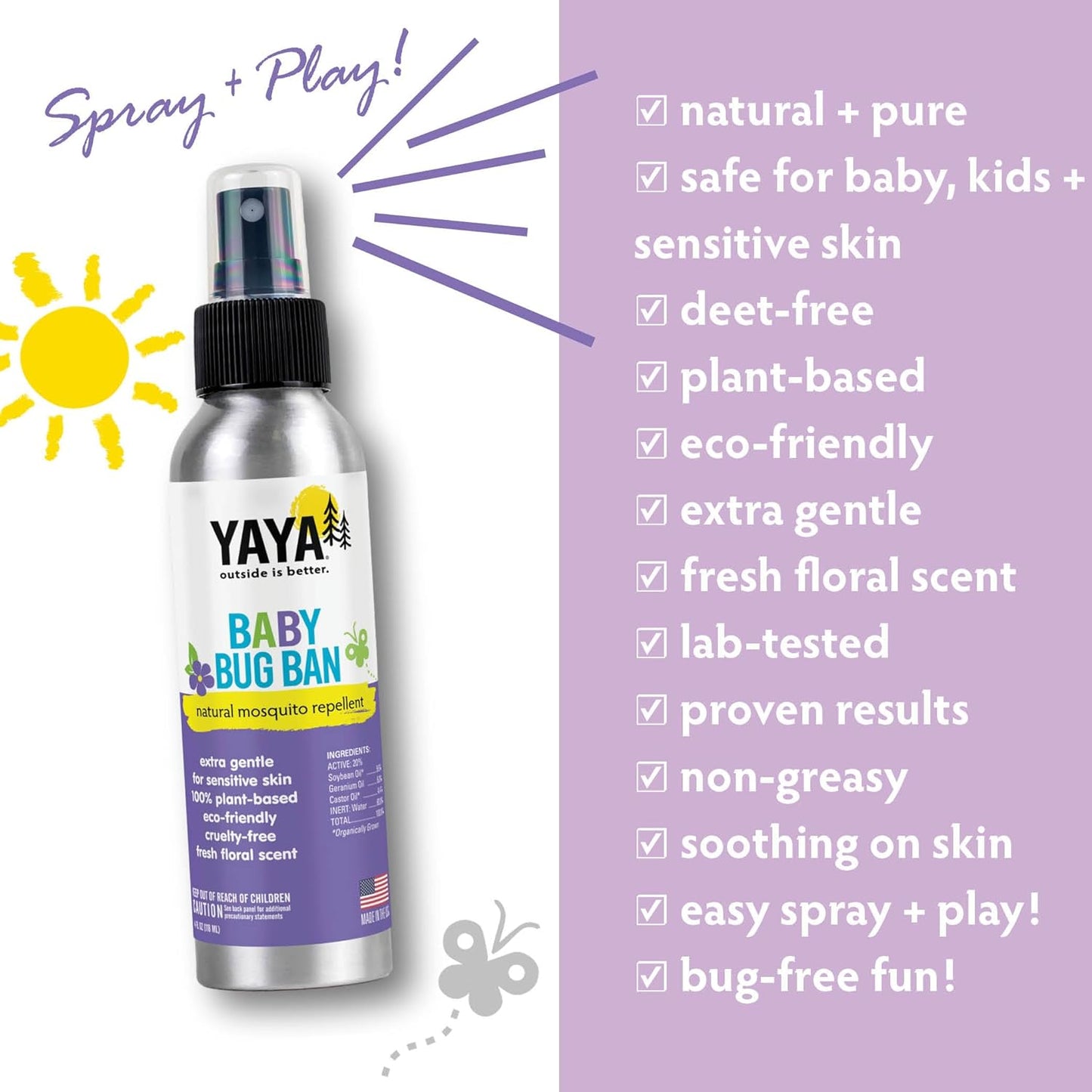 YAYA ORGANICS Baby Bug BAN – All-Natural, Proven Effective Repellent for Babies, Kids and Sensitive Skin (4 Ounce Spray, 2-Pack)
