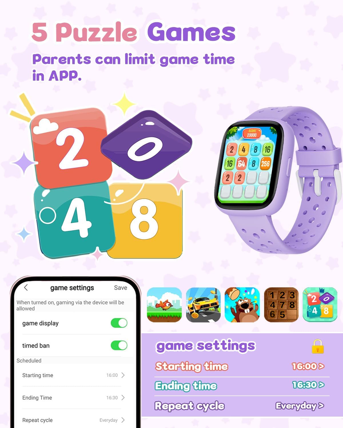 Kids Watch for Girls 5-12, Kids Smart Watch Fitness Tracker Pedometer, No Phone Needed, Puzzle Games with Parental Control, IP68 Waterproof, Heart Rate, Sleep Monitor, Step Counter, 80 Sports
