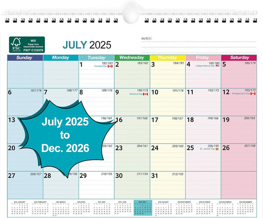 BOCT Wall Calendar 2025-2026 - Includes July 2025 to December 2026-18 Monthly Daily Planner 13 x 9.6 Inches, Julian Dates for New Year Christmas Gifts