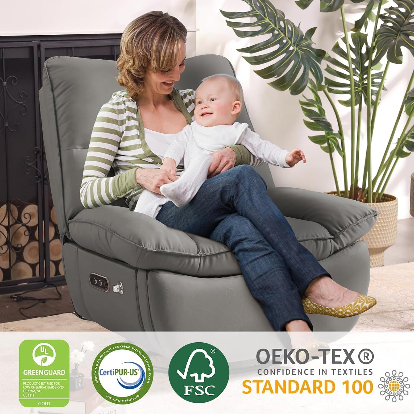 Rocking Chair Nursery with Power Adjustable, Electric Glider Recliner Nursing Chair for Breastfeeding with USB Port and Storage (Grey)