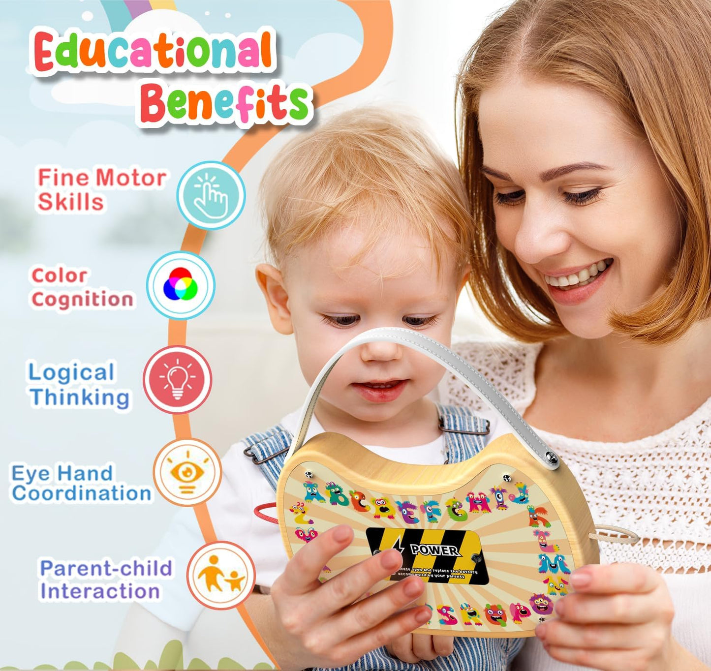 Montessori Busy Board for Baby, Busy Board for Toddlers Toys, Wooden Autism Sensory Toys with Animal Cards, Dinosaur Stickers, Toddler Educational Activity Travel Toys for Boys and Girls 1+