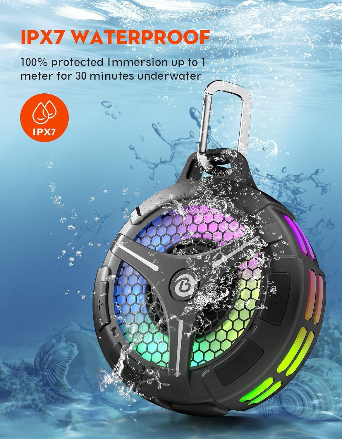 Waterproof Bluetooth Shower Speaker, Suction Cup, Small Portable Wireless IPX7 Waterproof Outdoor Speakers, Loud Stereo Sound Deep Bass, TWS Pairs, 6 Mode RGB Lights, All Ages Gift for Christmas
