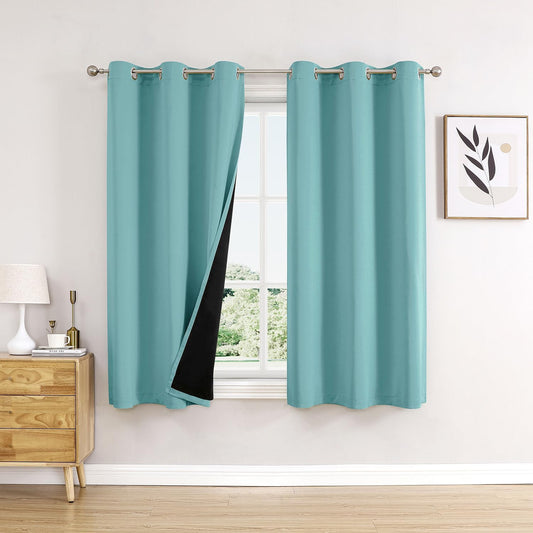 ChrisDowa 100% Blackout Curtains 45 inch Long for Bedroom with Black Liner, 2 Thick Layers Total Blackout Thermal Insulated Grommet Window Curtains 2 Panels Set (Aqua, 42 x 45 Inch)