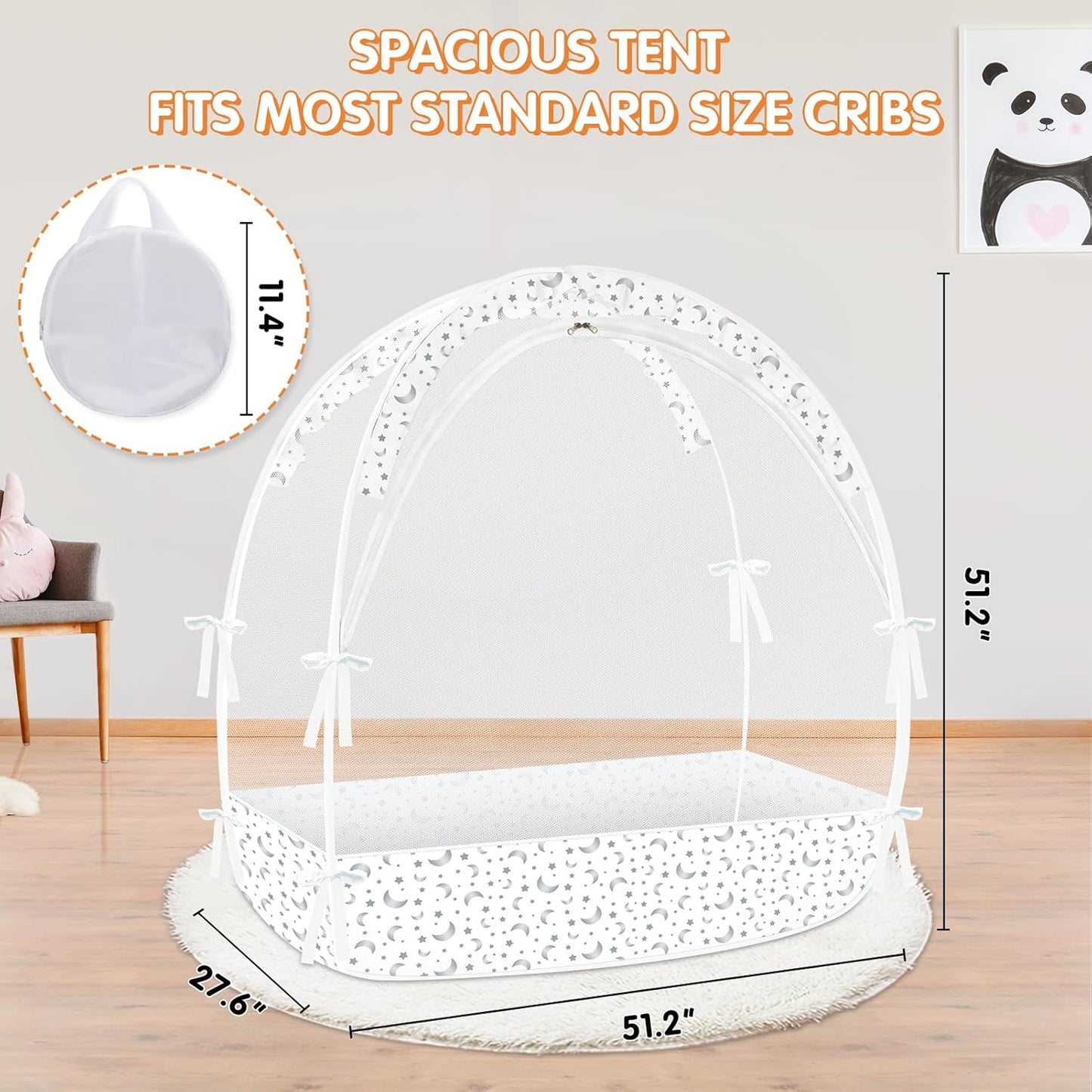 Crib Tent to Keep Baby from Climbing Out - Crib Net to Keep Baby in - Pop Up Breathable Cribs Cover - Canopy with Upgrade Strong Mesh and Durable Zipper (White-Star and Moon, Lager)