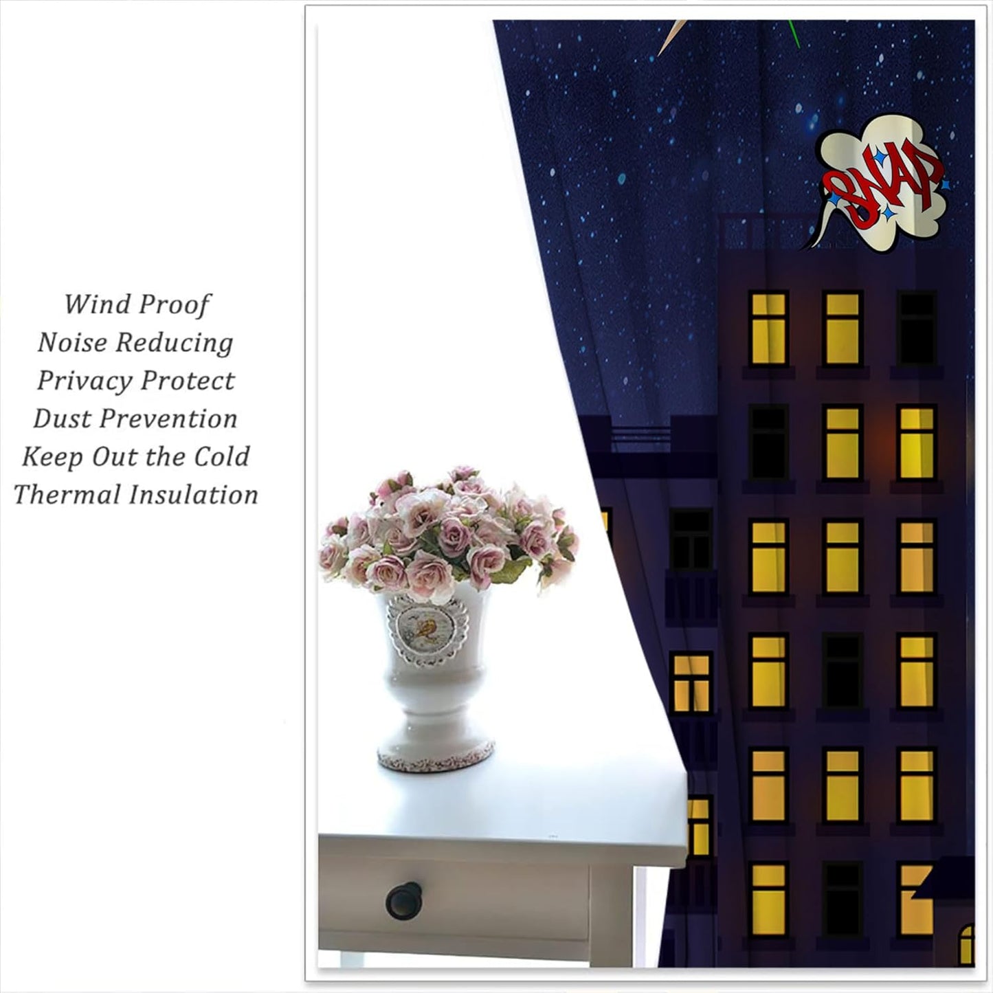 Super Hero Rod Pocket Blackout Curtains for Boy Girl Bedroom, Exploding City Starry Cartoon Skyline Thermal Insulated Home Window Drapes for Living Room Darkening, 84x72 inch