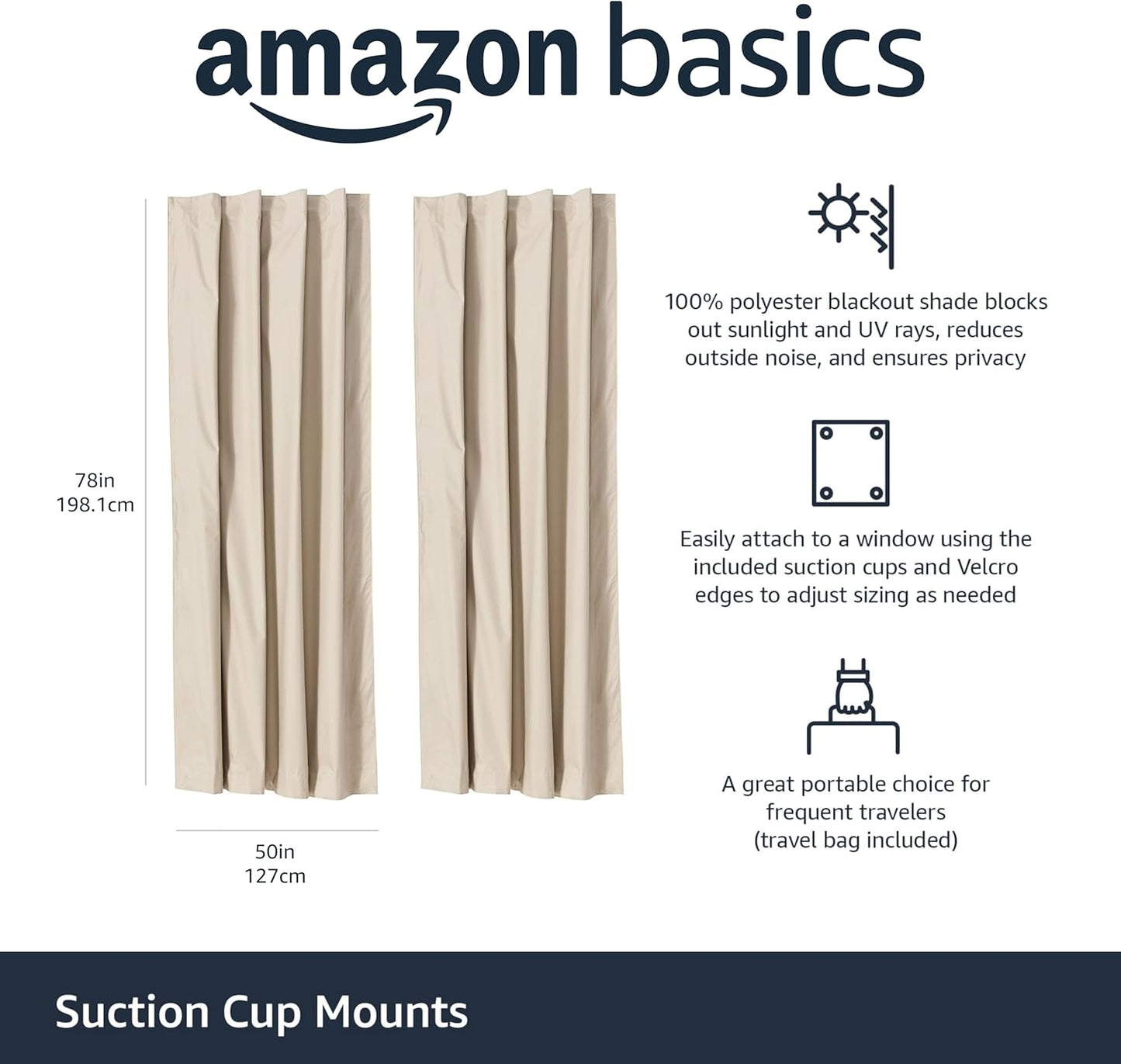 Amazon Basics Portable Blackout Curtain Shade with Suction Cups, 50"W x 78"L, 2-Pack, Beige