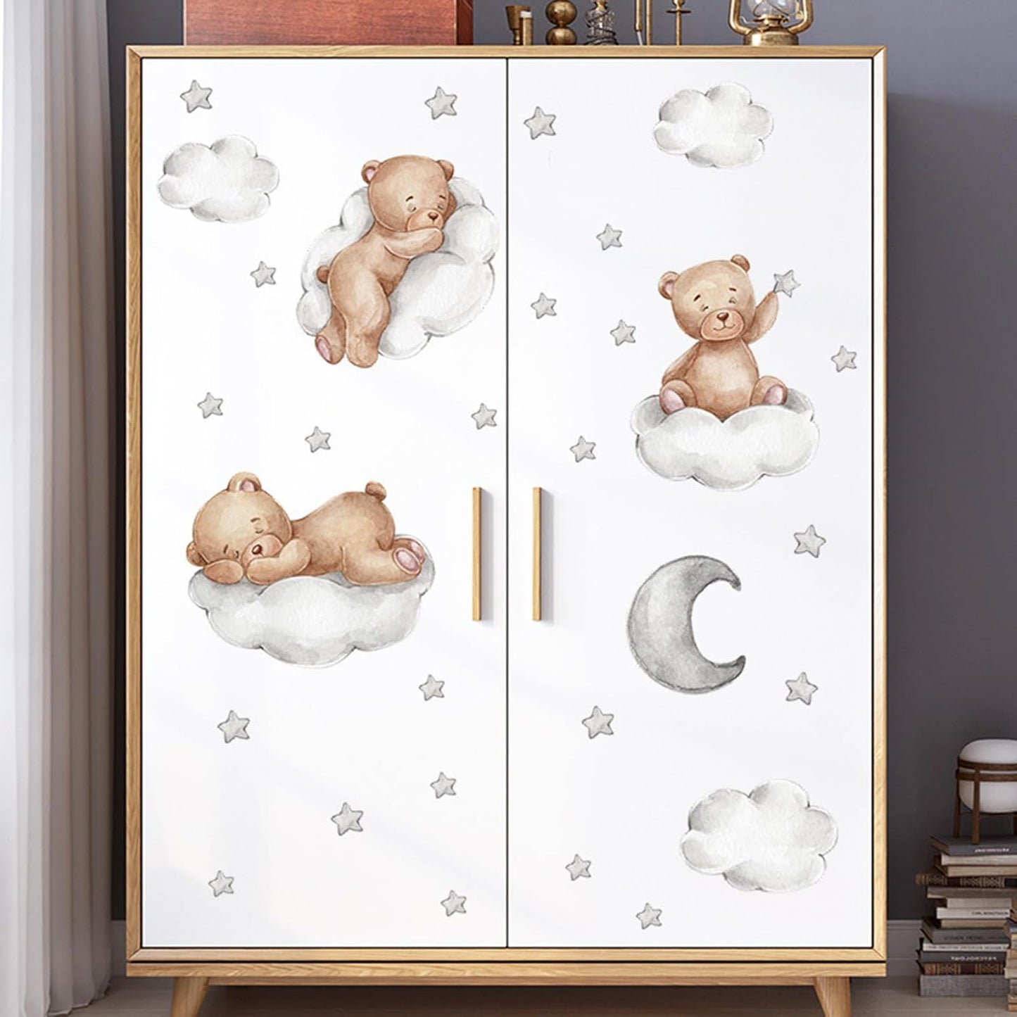 Tedy Bear Wall Decals, Cute Bear Sleeping on The Moon Cloud Stars Wall Stickers, Cartoon Tedy Bear Wall Decor for Baby Kids Baby Room Nursery Decor (Tedy-Bear)