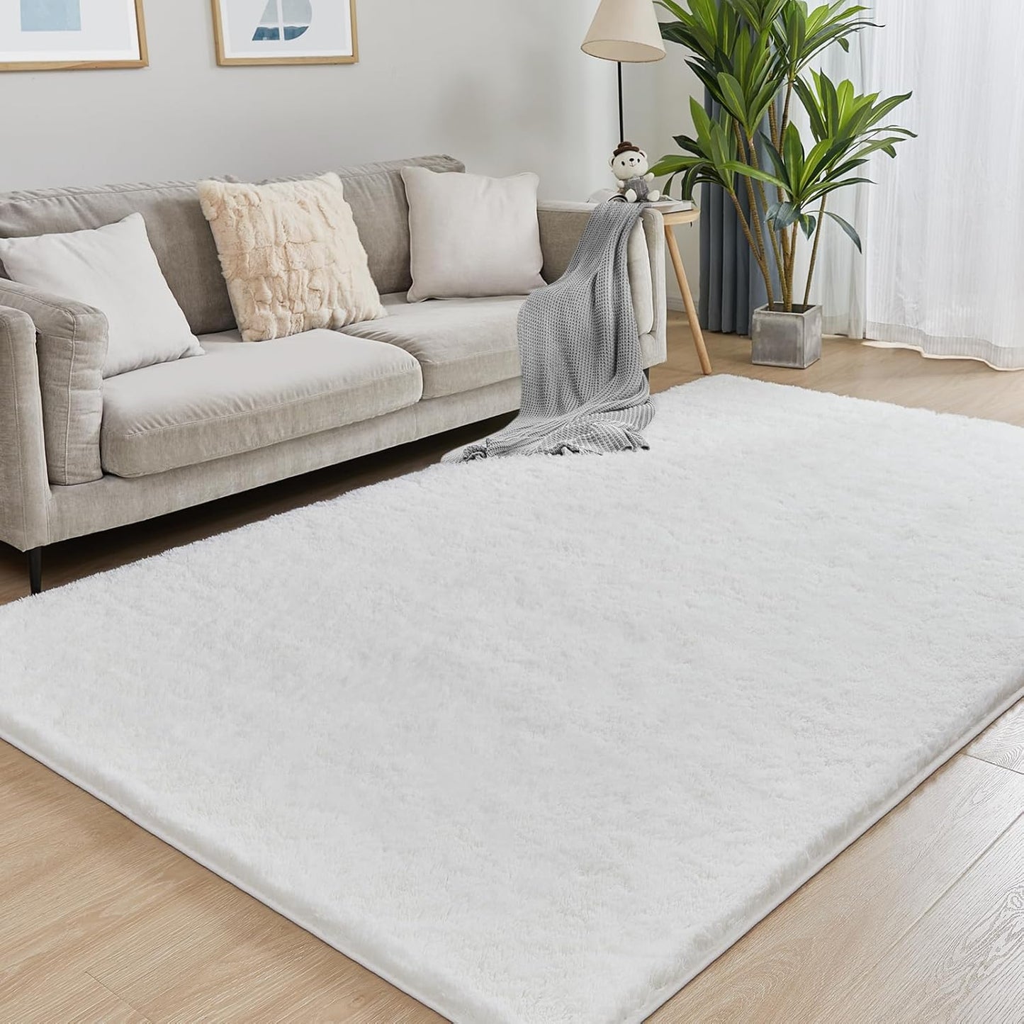 Fluffy White Rugs for Bedroom, 5x7 Plush Cream Area Rugs for Living Room, Non-Slip Shag Floor Carpet for Kids Room, Girls Room, Bedside, Playroom, Indoor Decor