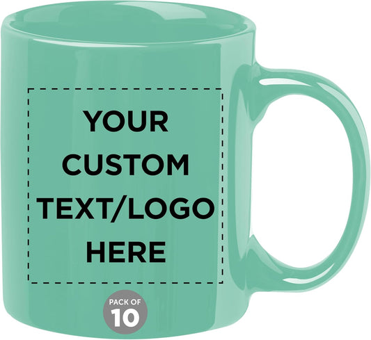 Custom Ceramic Coffee Mugs 11 oz. Set of 10, Personalized Bulk Pack - Coffee cup set, Iced coffee cup, Gaming mug - Tiffany Teal