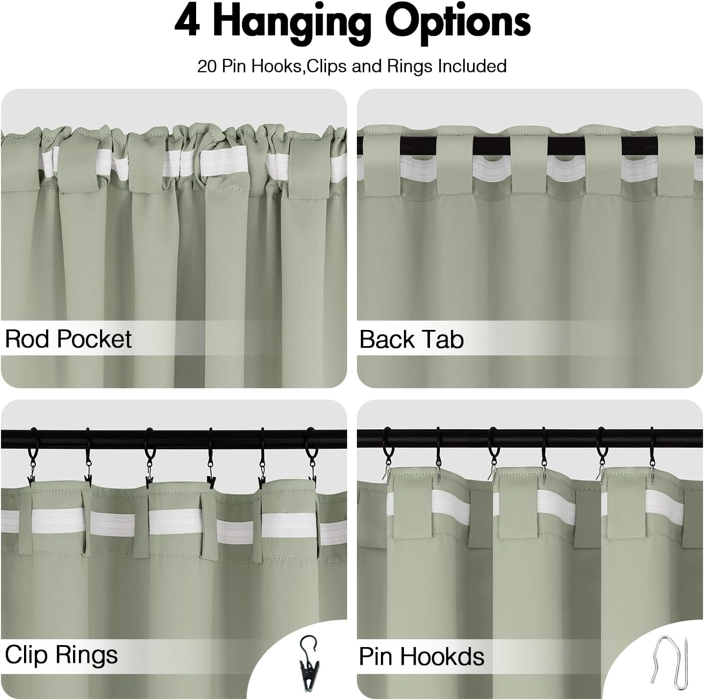 ANRODUO Back Tab Blackout Curtains for Bedroom Living Room, Rod Pocket Pinch Pleated Thermal Insulated Room Darkening Curtains 120 Inches Long 2 Panels, Sage Green, 52 x 120 Inch