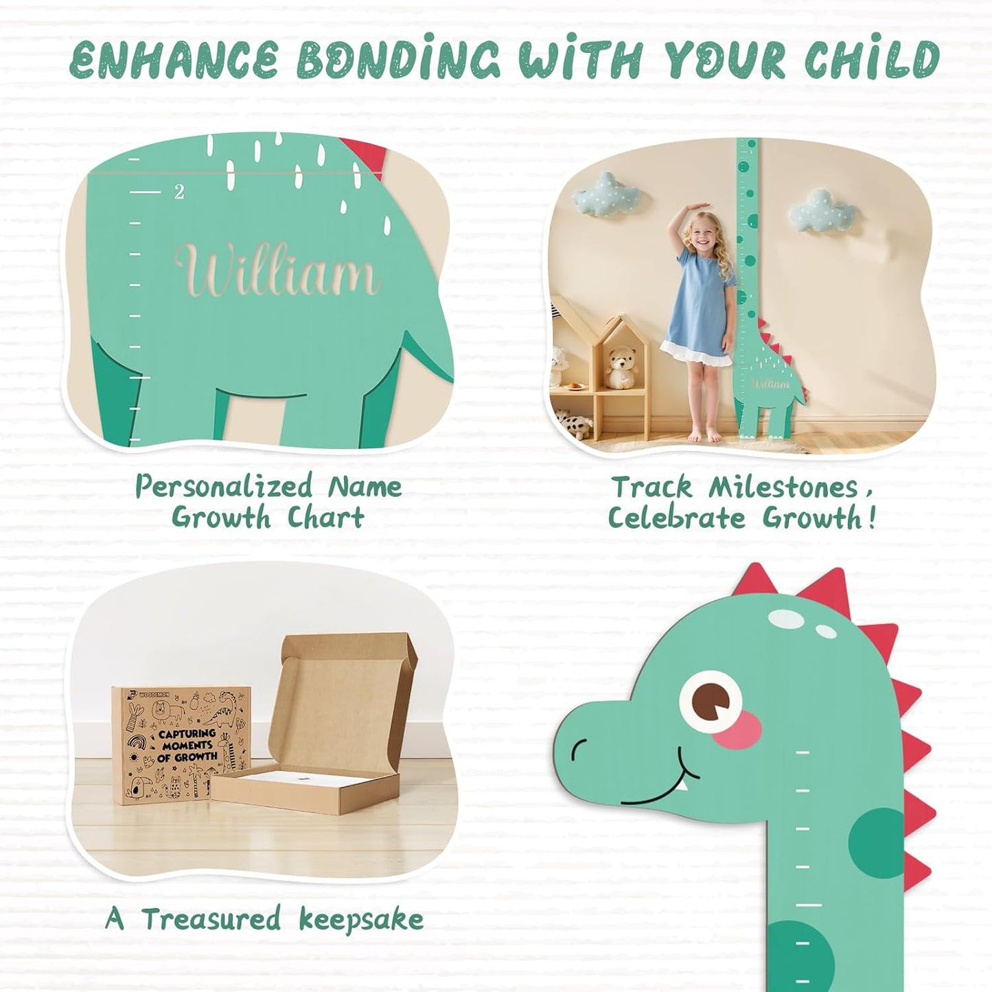 Wooden Dinosaur Height Chart – Personalized Name Growth Chart for Kids, Wall Decor 63" x 17.4"