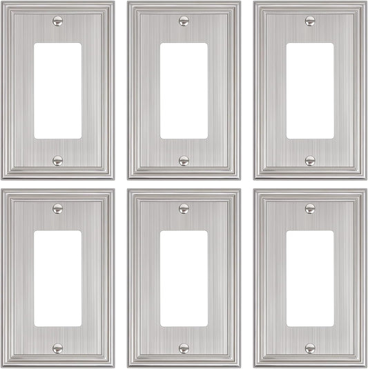 6-Pack Decorator Outlet Cover Plate, Brushed Nickel Decorative Switch Plates and Outlet Covers, Durable Zinc Alloy Wall Plates for Electrical Outlets, Receptacle, GFCI Outlet, Dimmer Switch