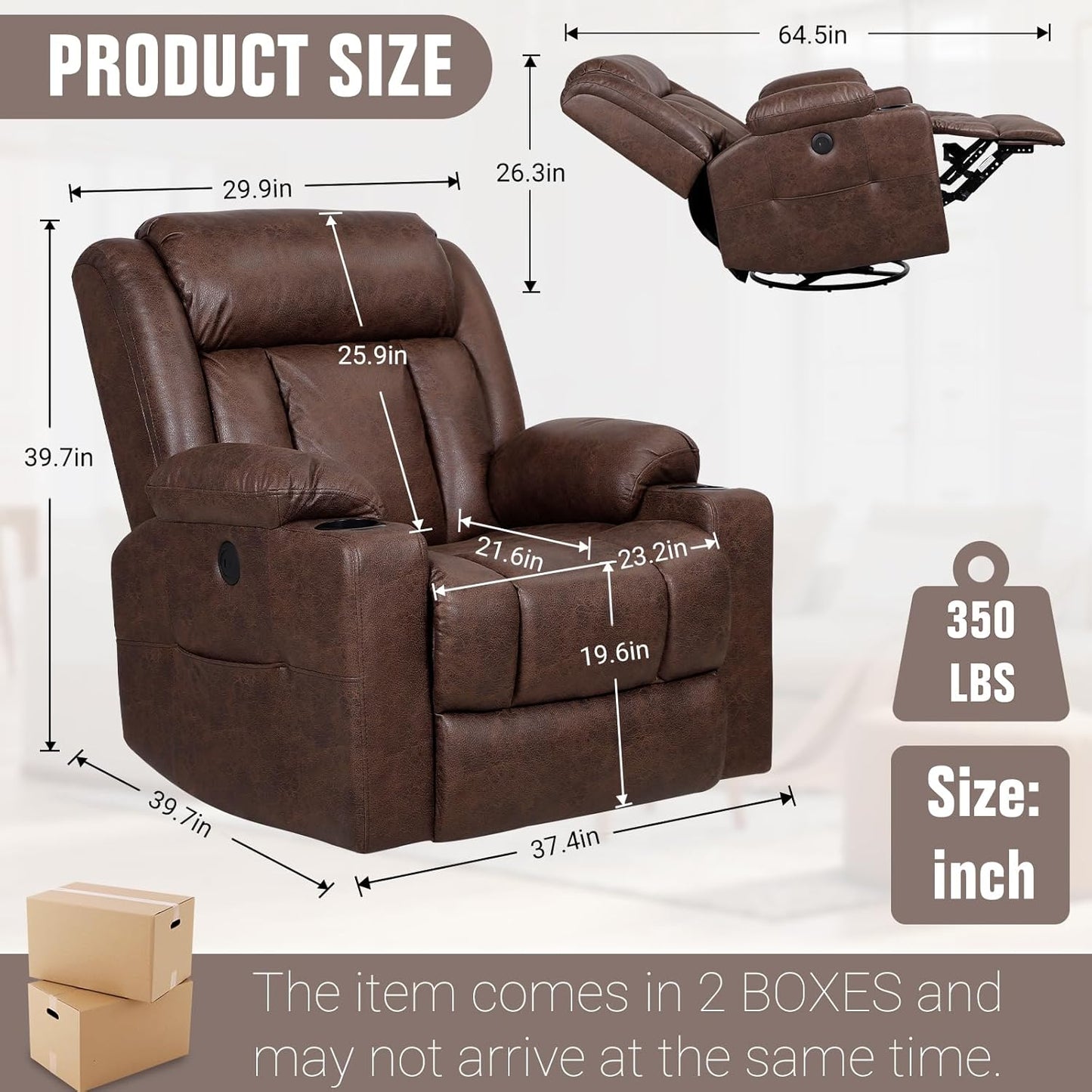Retro Rocking Recliner Chair, Massage Rocker Recliner Chair with Vibration Massage and Heat, USB and Type-C Ports,360° Swivel Chairs,Living Room, Bedroom, Nursery, RV, Brown