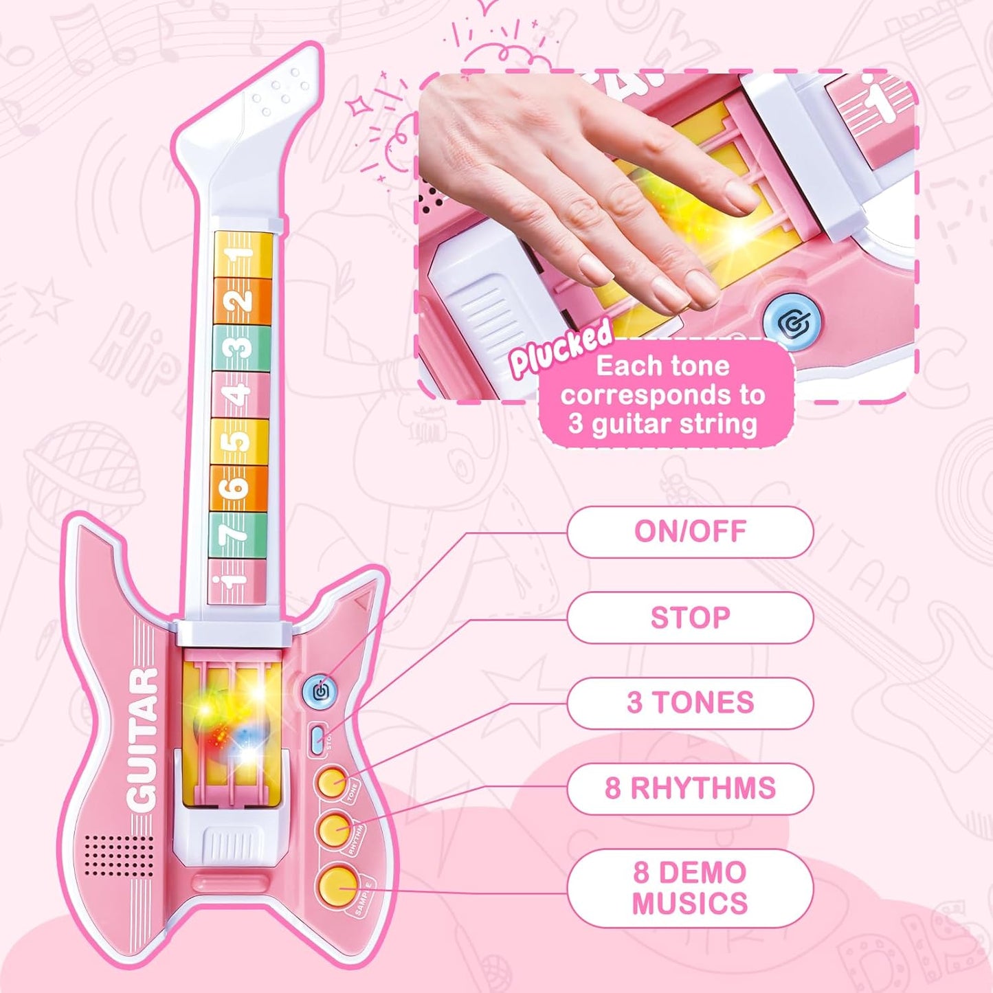 deAO Kids Guitar and Microphone Set with Stand Adjustable Height Music Light Karaoke Music Toys Christmas Birthday Gift for Kids Boys Girls (Pink)