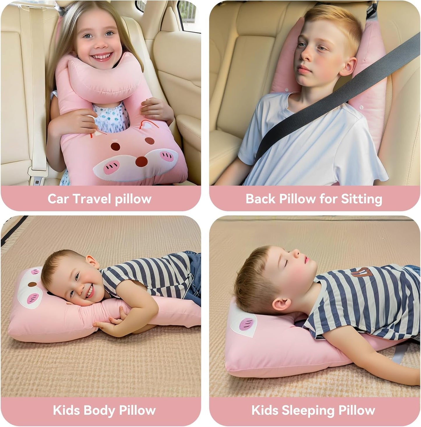 Travel Pillow,Car Pillow Kids Car Seat Pillow U Shaped Pillow for Travel Skin-Friendly Material The Sleeping Aid for Adults and Kids on Road Trips (Pink)
