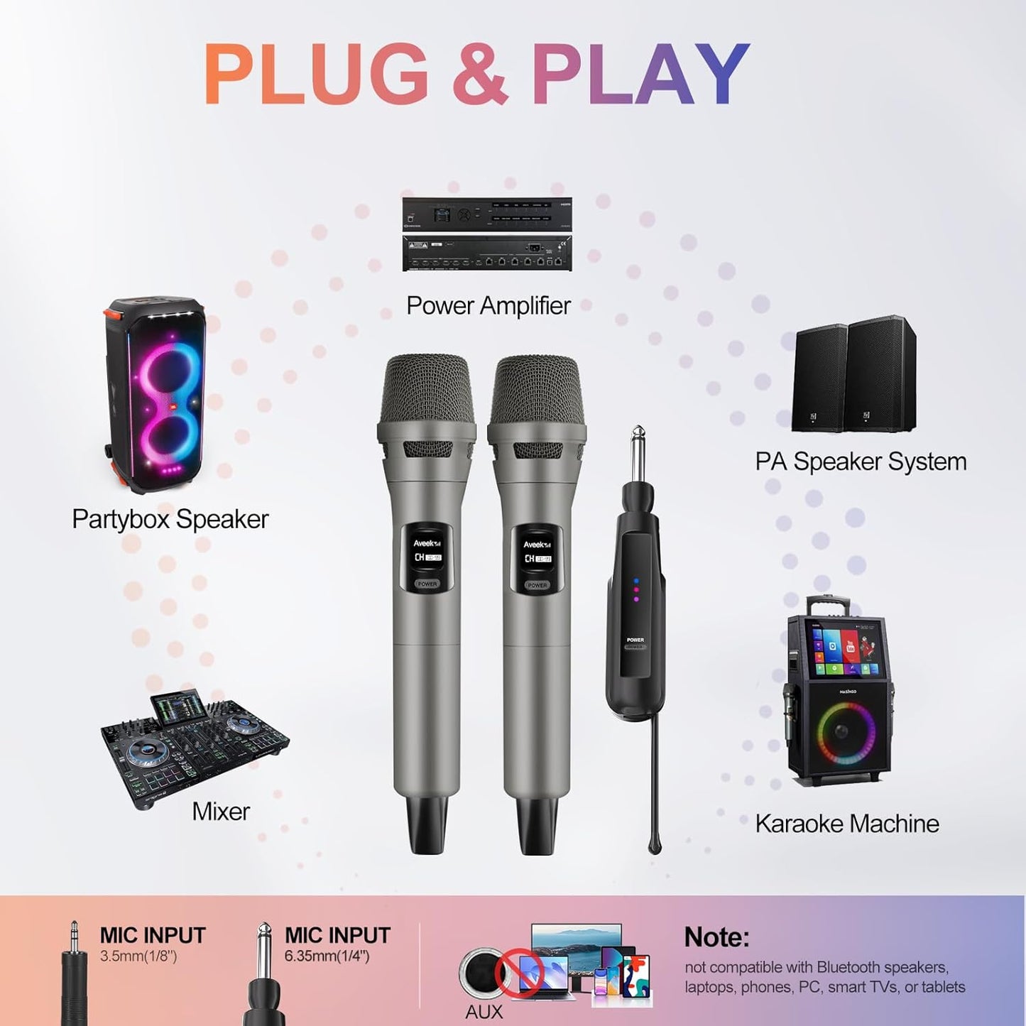 Aveek 2.4GHz Wireless Microphone System, 2 Rechargeable Mics and Receiver, Plug & Play for Karaoke Machine, Party Speakers, Home Entertainment, Wedding & Events - Crystal Clear Sound, 100ft Range