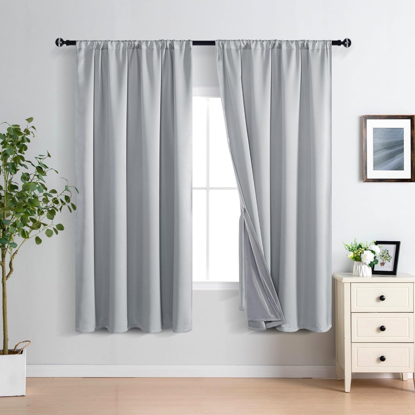 XWZO Full Shading Blackout Curtains 72 Inches Length - Heat and Light Blocking Rod Pocket Window Drapes with Black Liner Backing for Bedroom Sewn with Tiebacks, Light Grey, W52 x L72, Set of 2